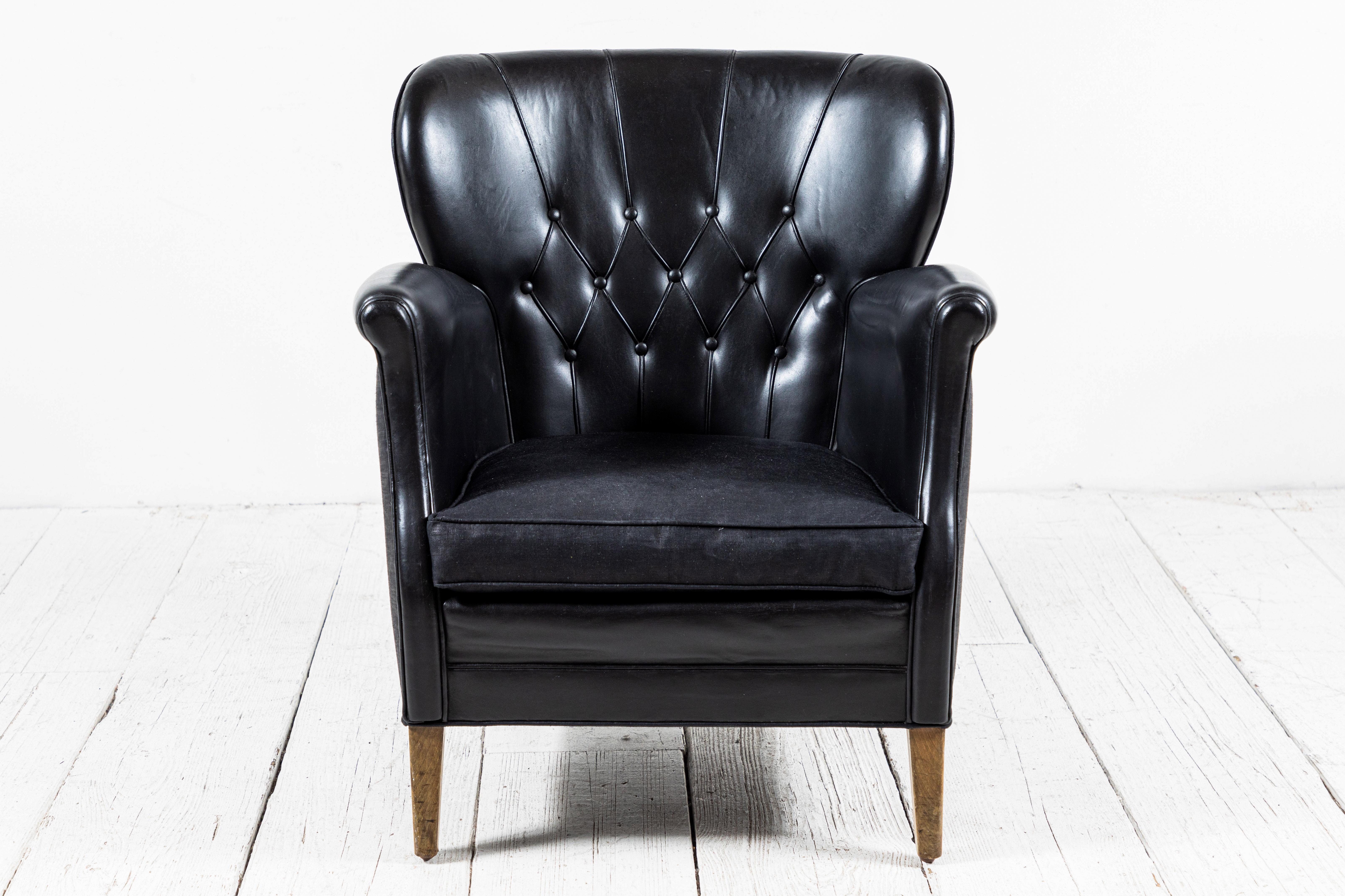 Mid-20th Century Danish Style Black Leather Tufted Pair of Chairs