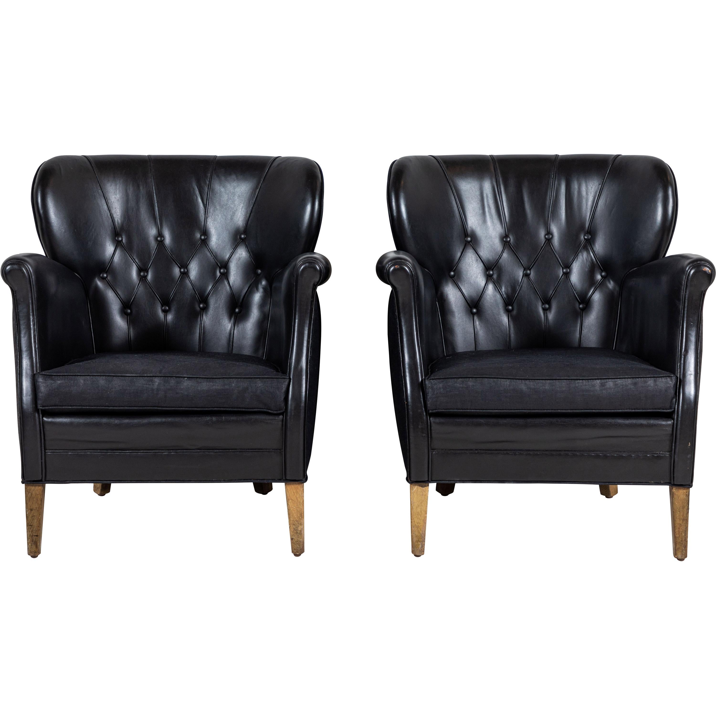 Danish Style Black Leather Tufted Pair of Chairs