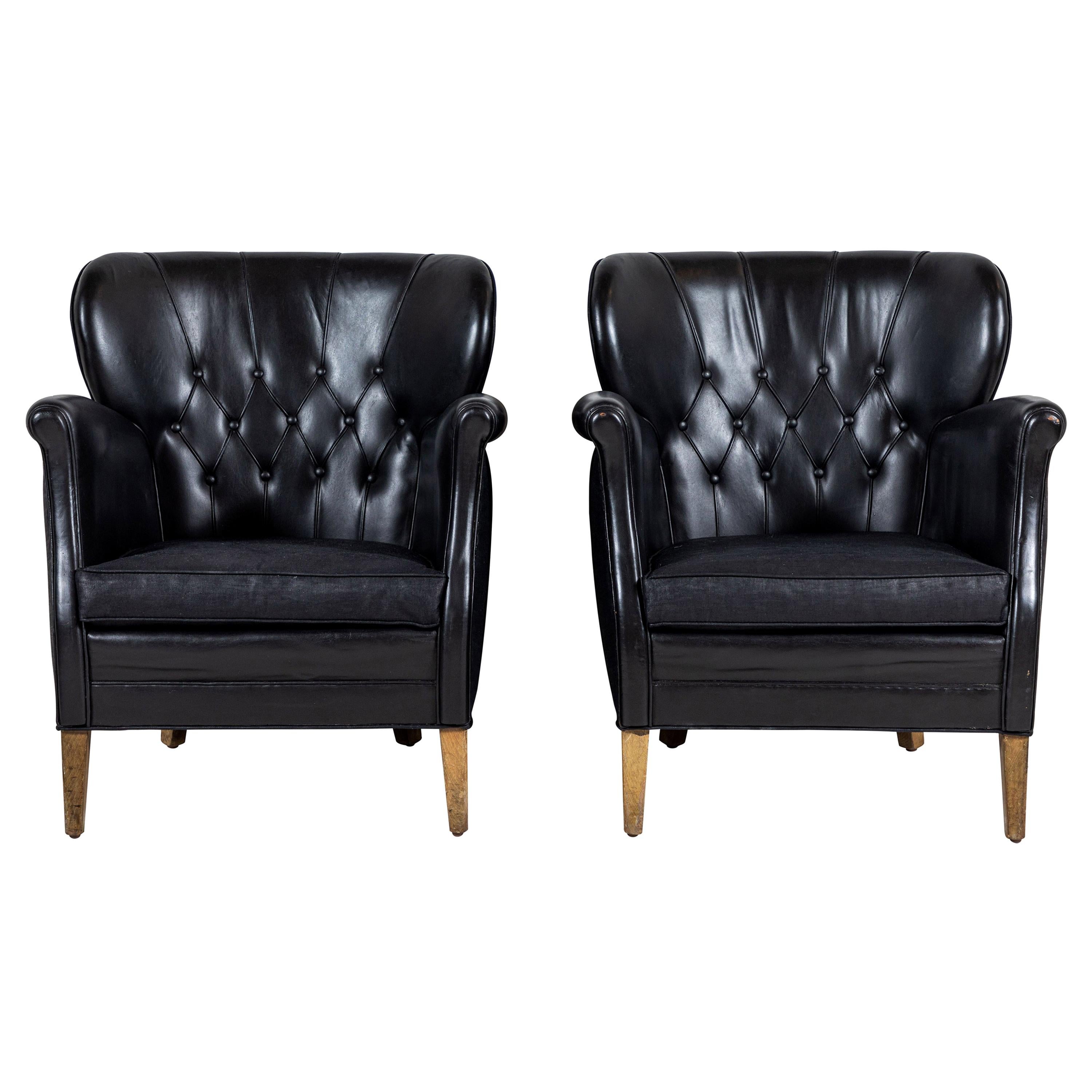 Danish Style Black Leather Tufted Pair of Chairs