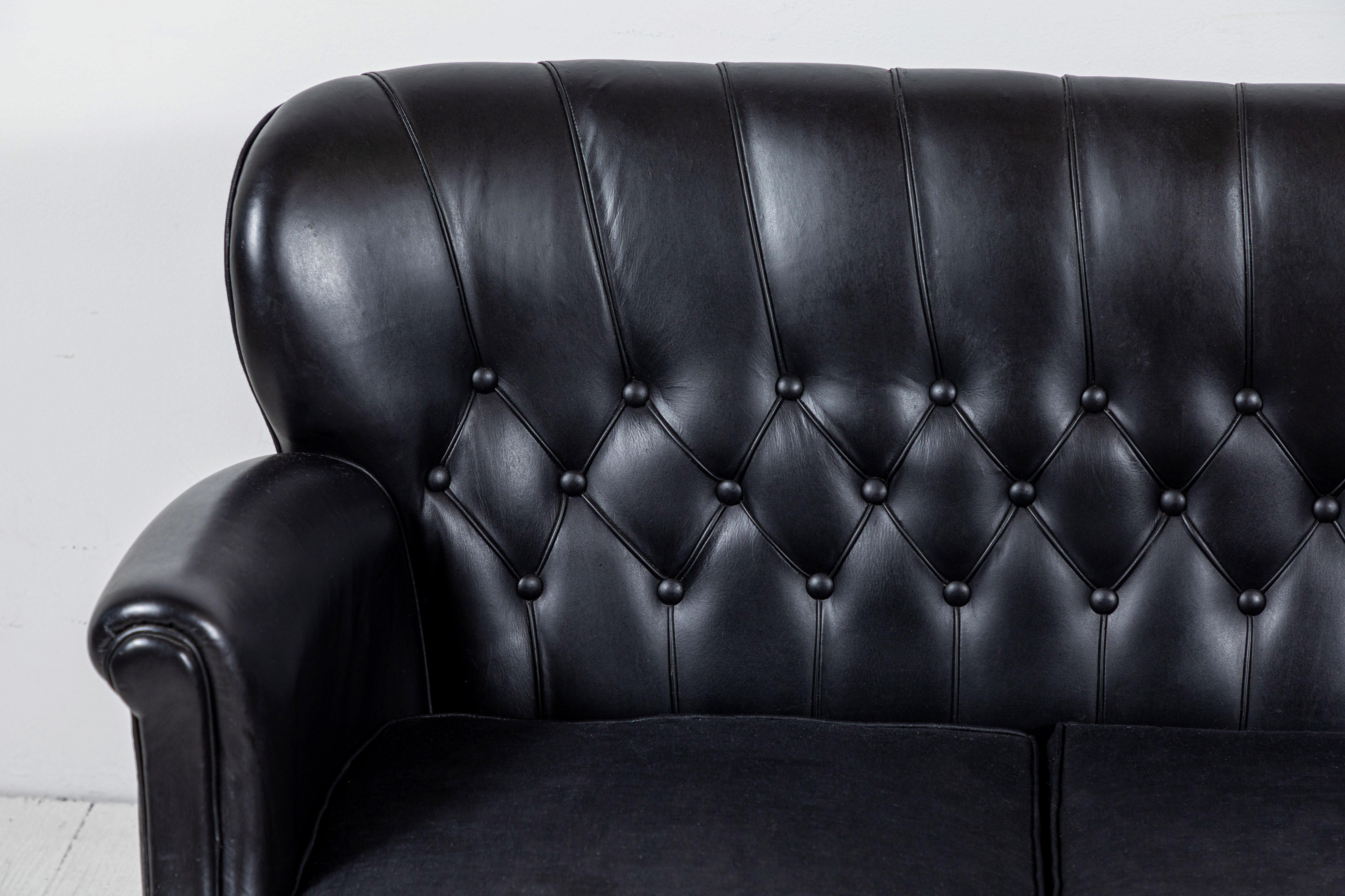 Mid-20th Century Danish Style Black Leather Tufted Settee