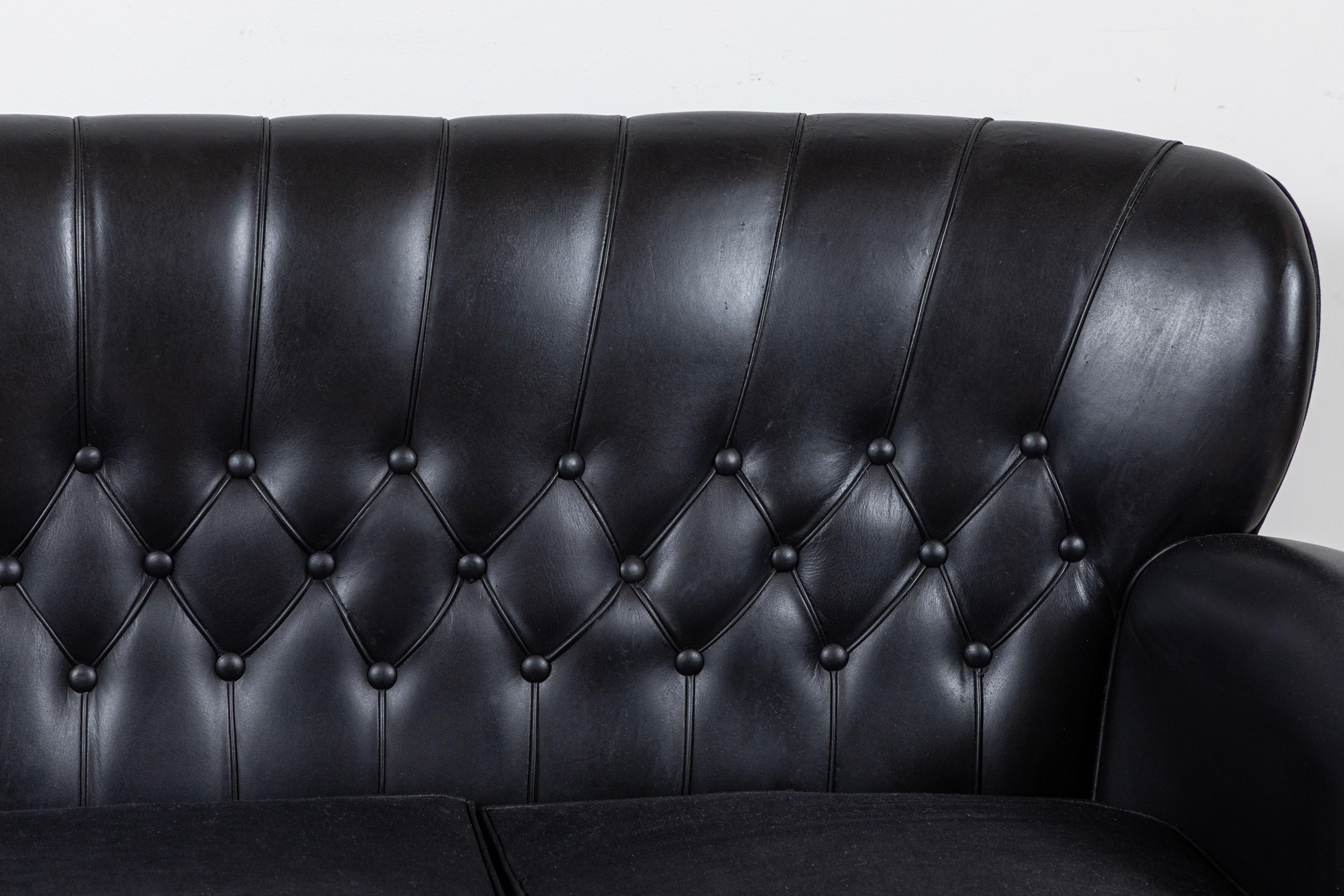 Danish Style Black Leather Tufted Settee 1