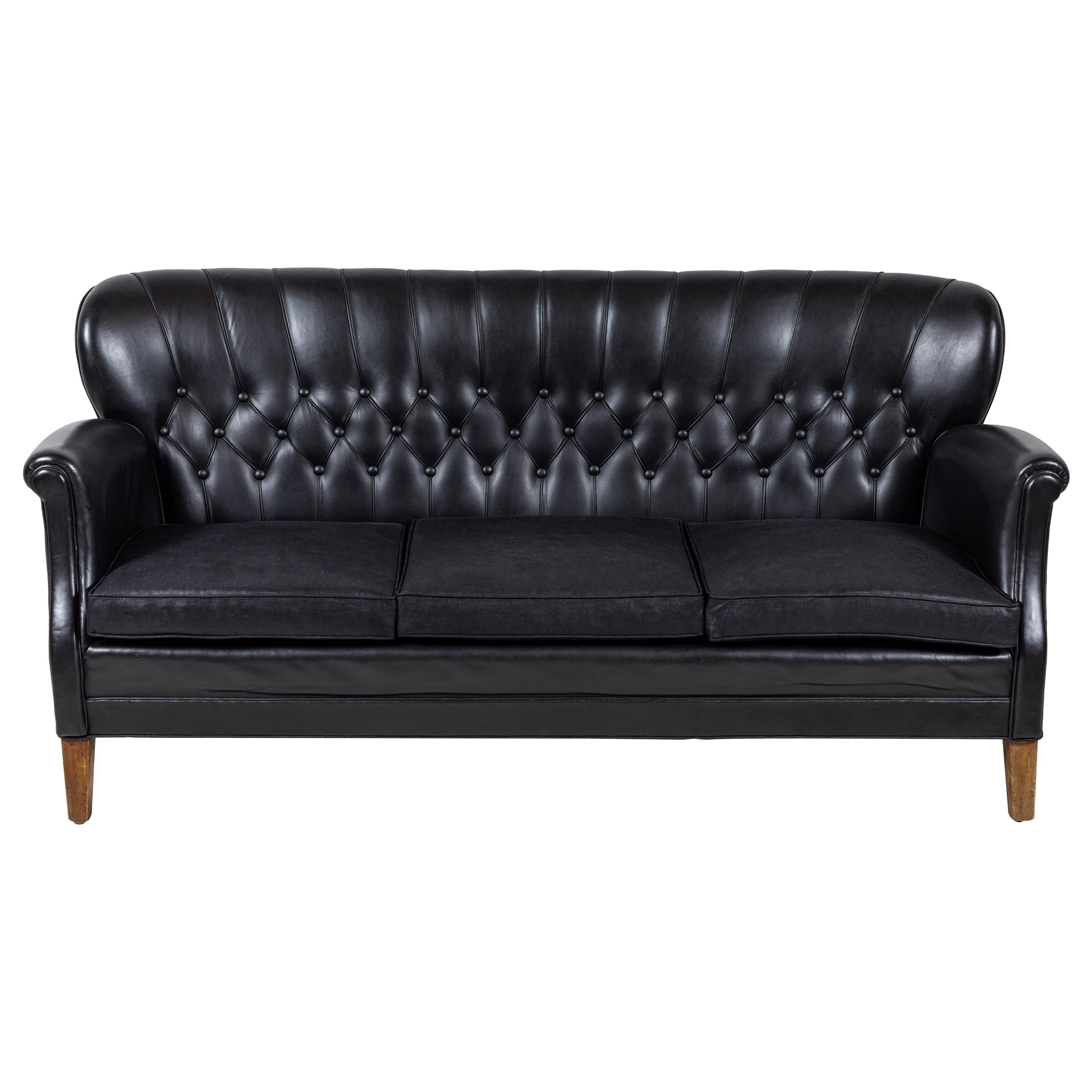 Danish Style Black Leather Tufted Settee