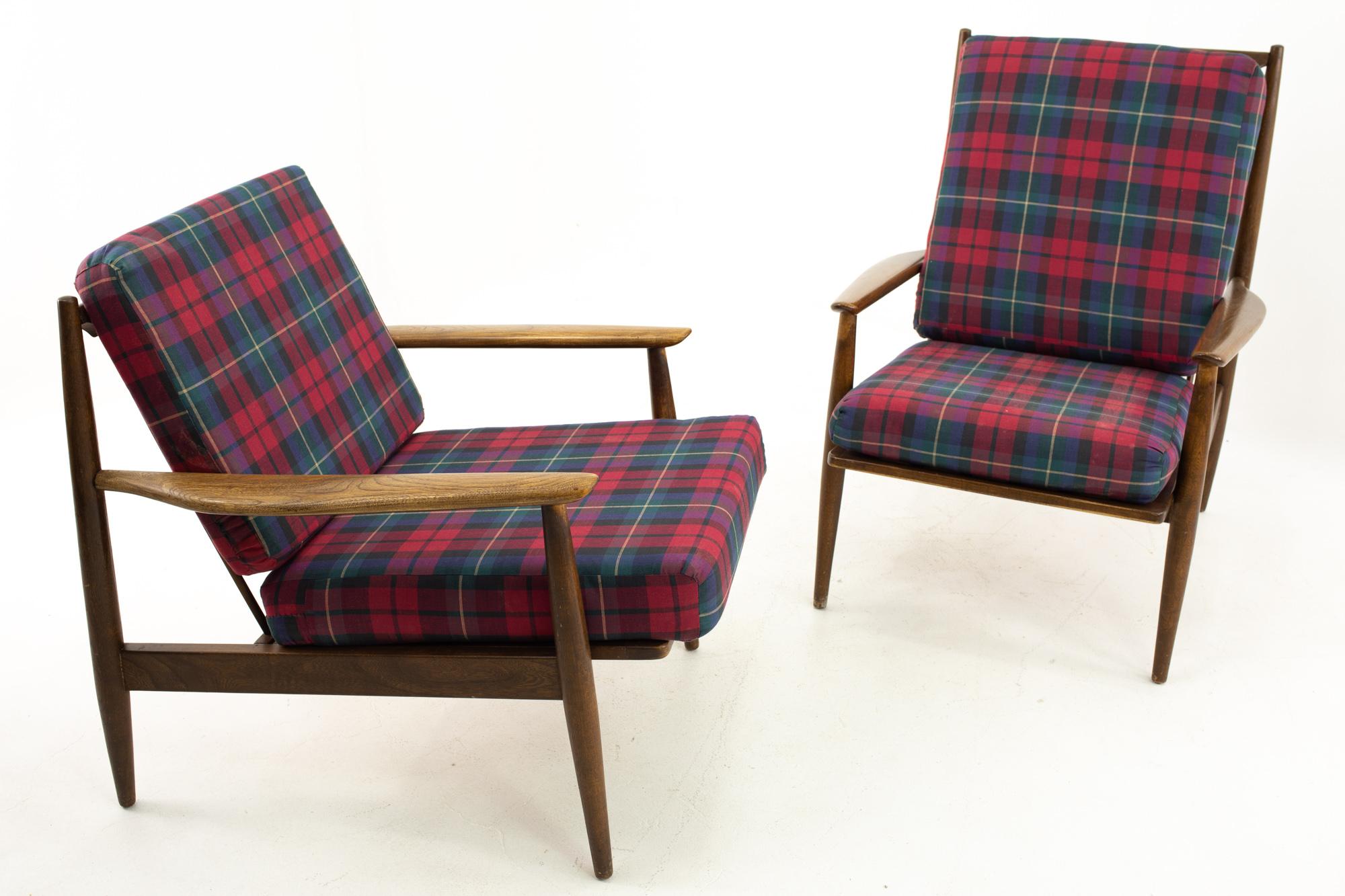 Danish style midcentury walnut lounge chairs - pair 
28 wide x 33 deep x 37 high with a seat height of 18 inches 
28 wide x 33 deep x 32 high with a seat height of 18 inches

This price includes getting this set in what we call restored vintage
