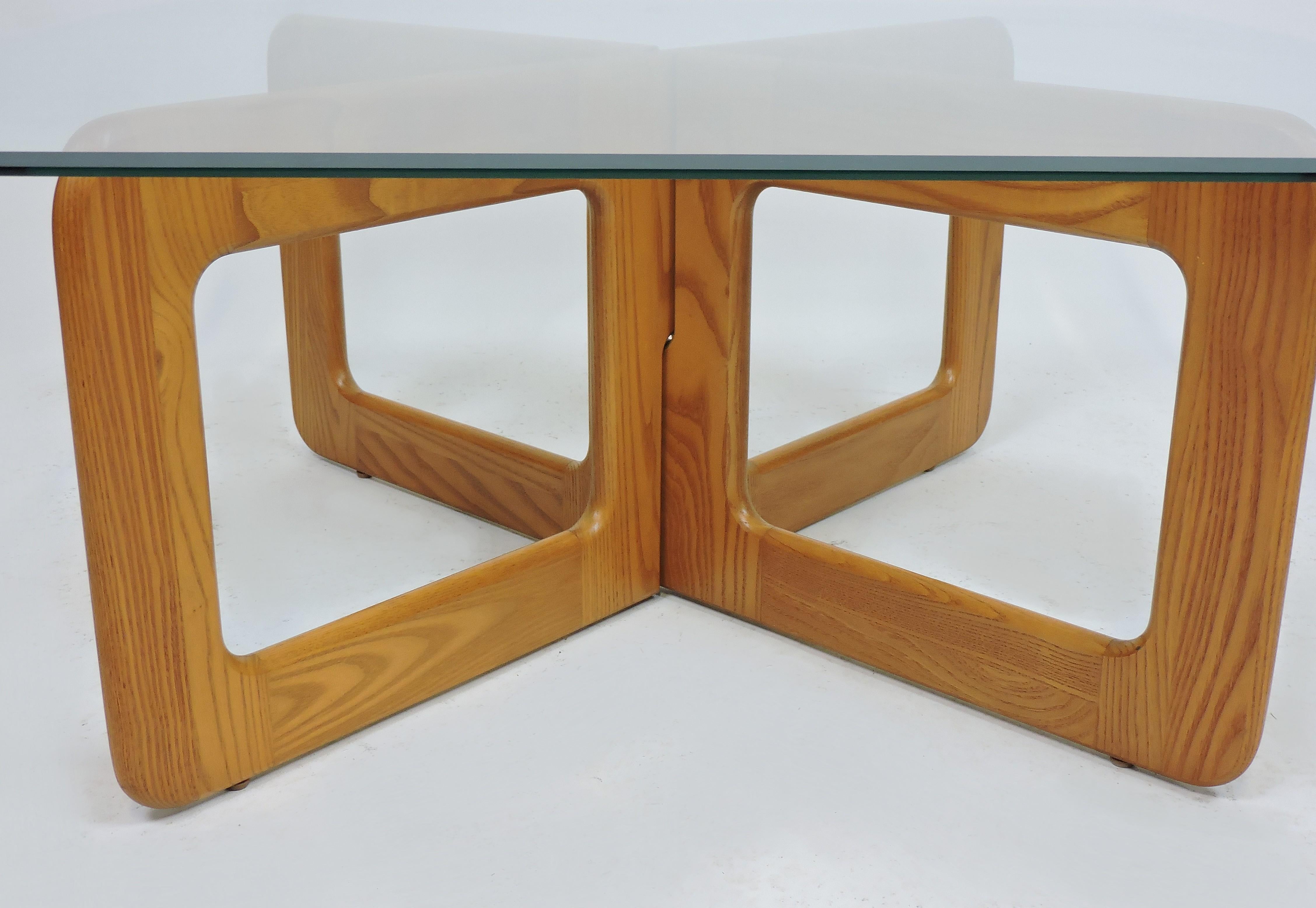 Scandinavian Modern Danish Style Oak and Glass Coffee Table with X-Base