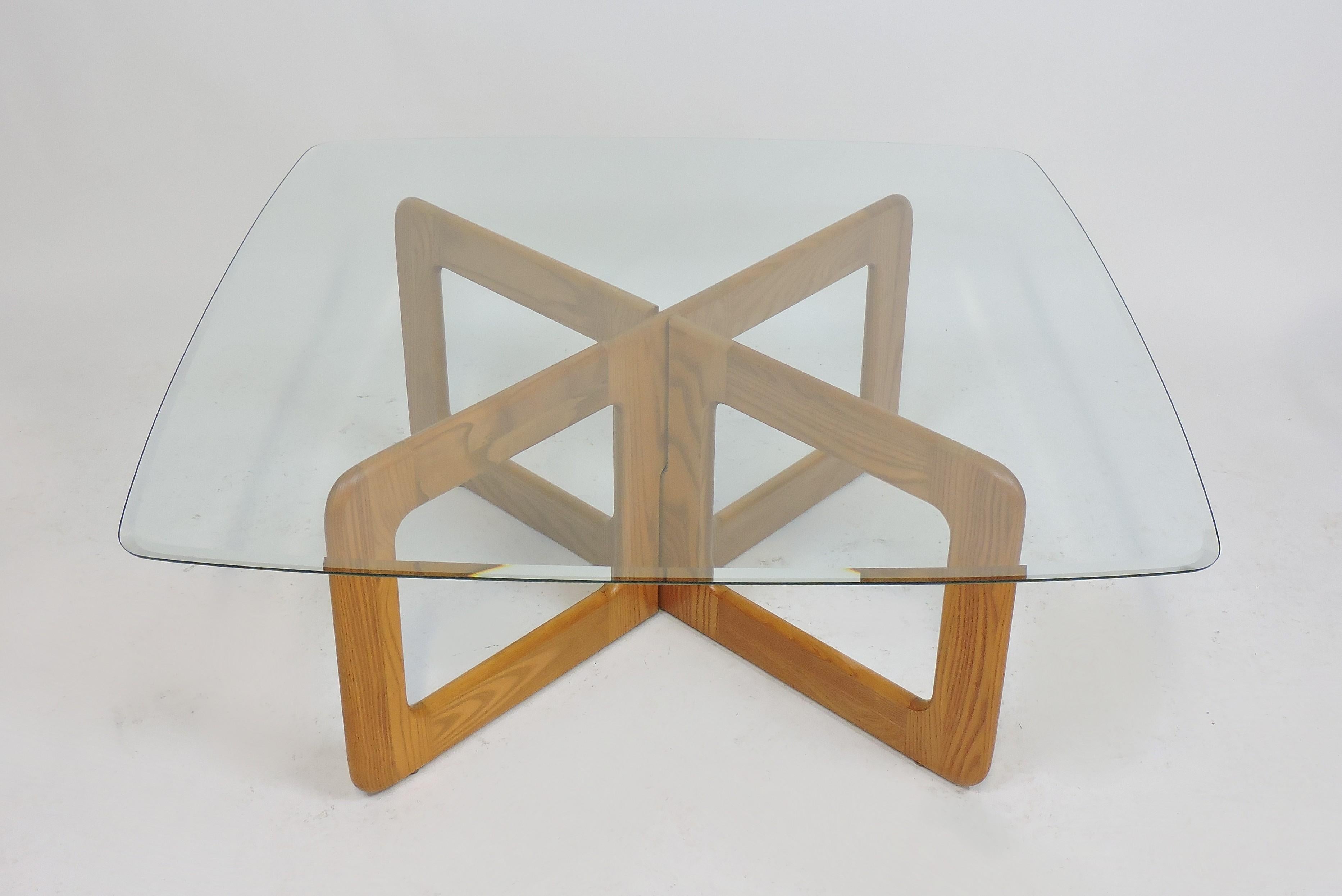 Wood Danish Style Oak and Glass Coffee Table with X-Base