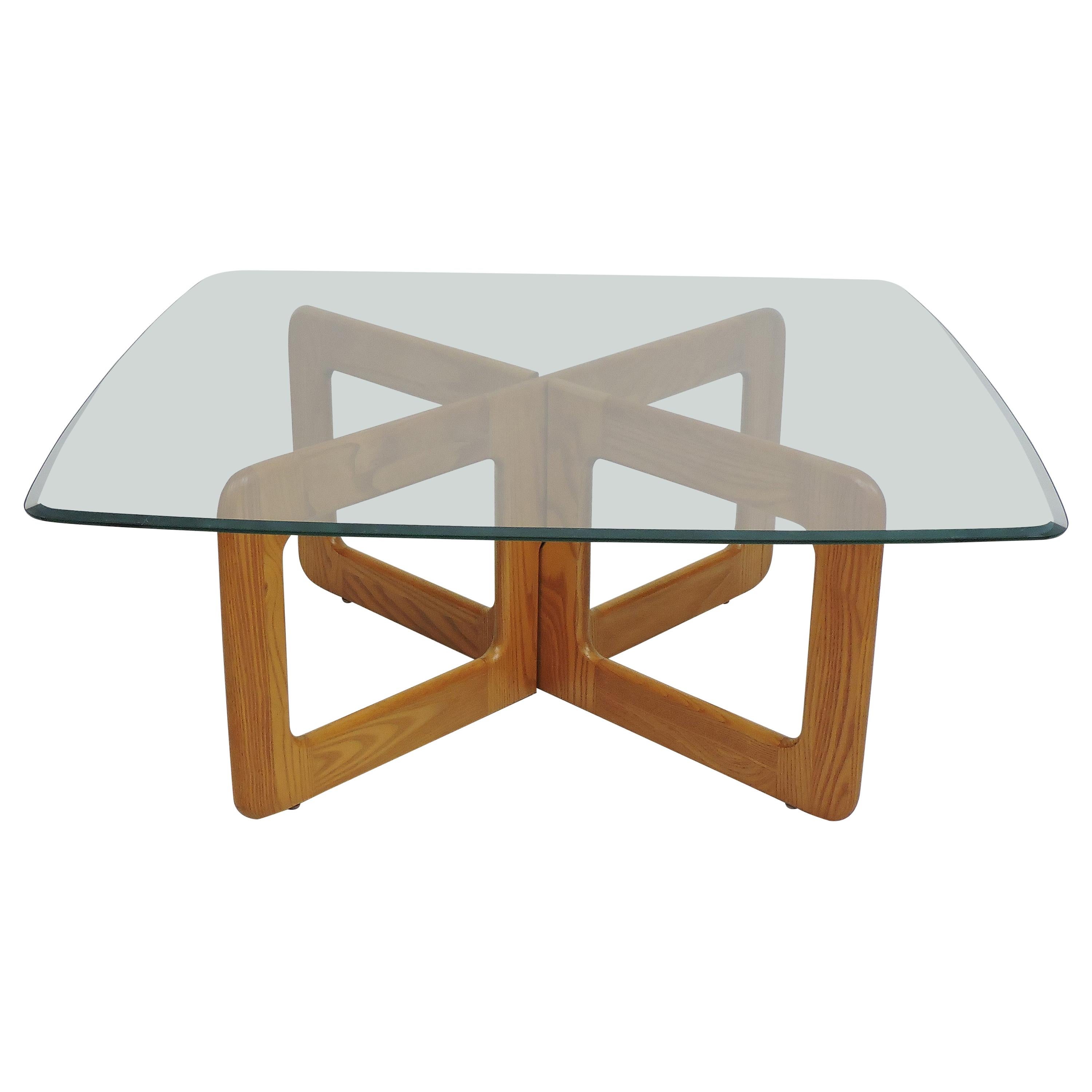 Danish Style Oak and Glass Coffee Table with X-Base