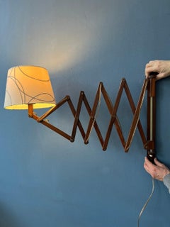Danish Style Teak Wood Scissor Wall Lamp with Beige Shade and Black Pattern