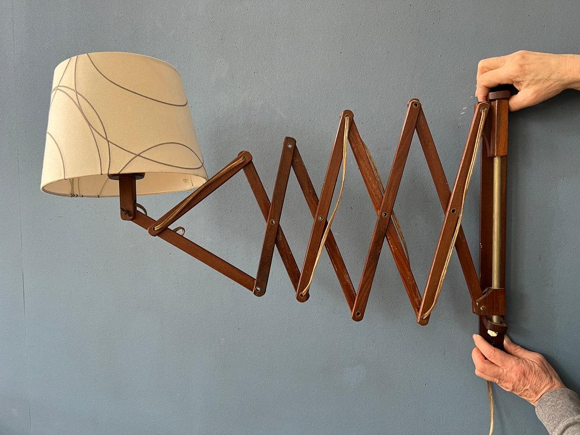 20th Century Danish Style Teak Wood Scissor Wall Lamp with Beige Shade and Black Pattern For Sale