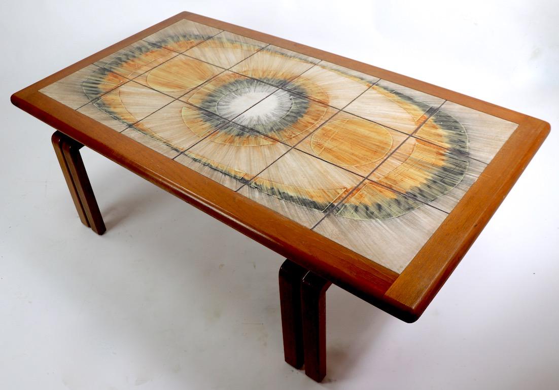 Modernist tile-top coffee table, Danish modern attributed to Ox Art. Solid wood frame with a decorative modernist tile surface.