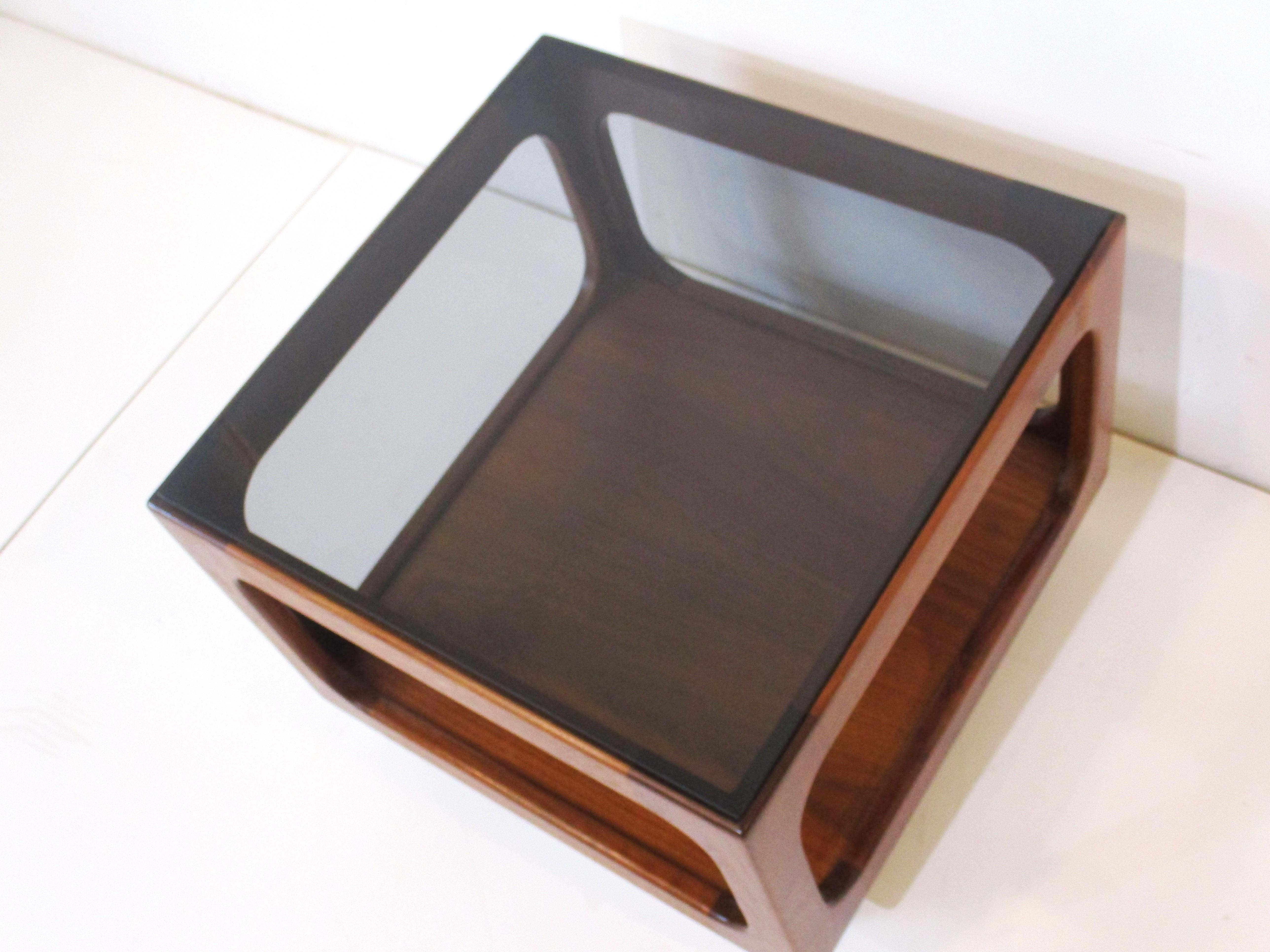 Danish Styled Walnut / Glass Cube Side Table by Otmar In Good Condition In Cincinnati, OH