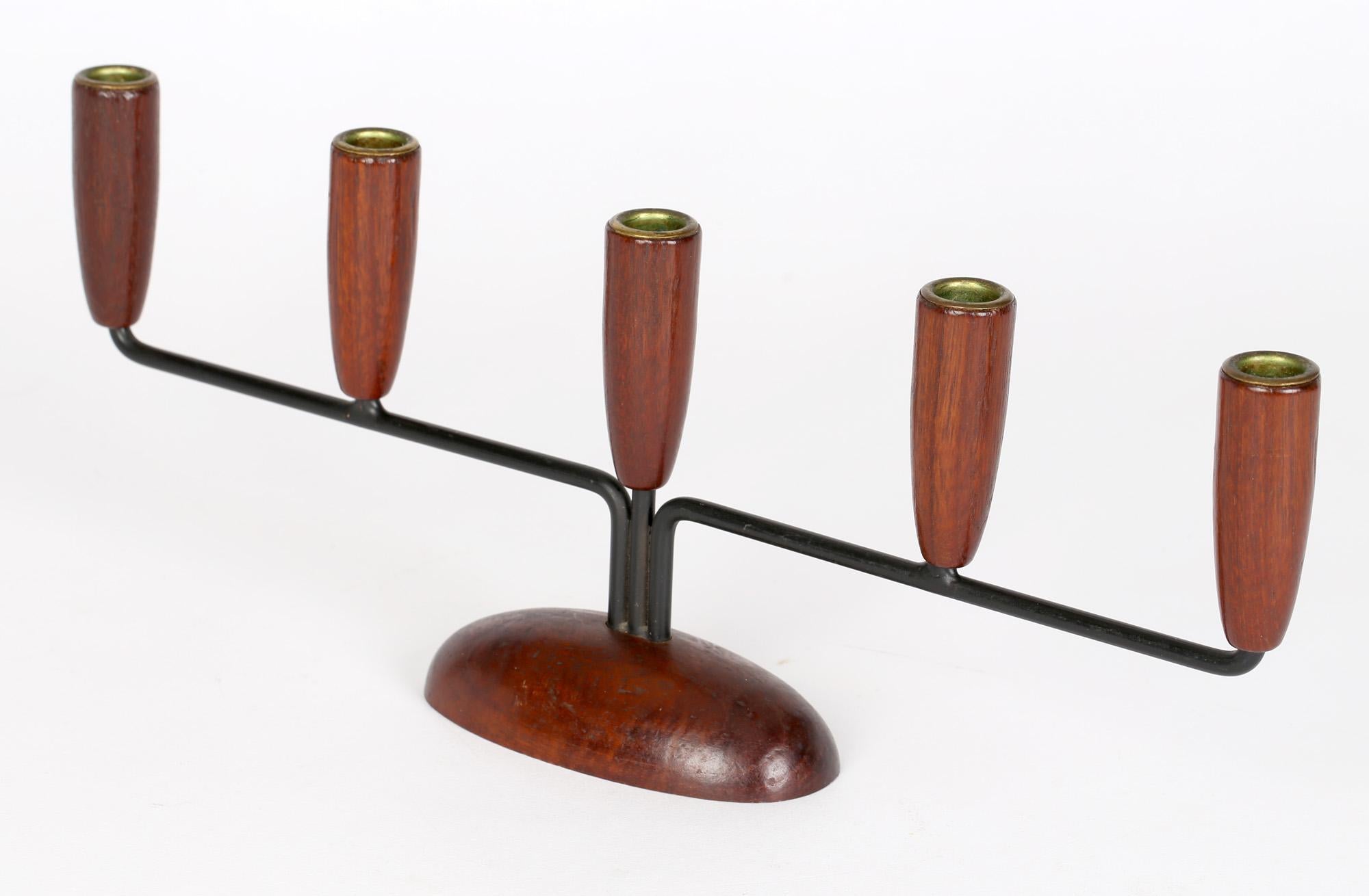 Danish Stylish Mid-Century Five Sconce Metal Wood Candlestick In Good Condition For Sale In Bishop's Stortford, Hertfordshire