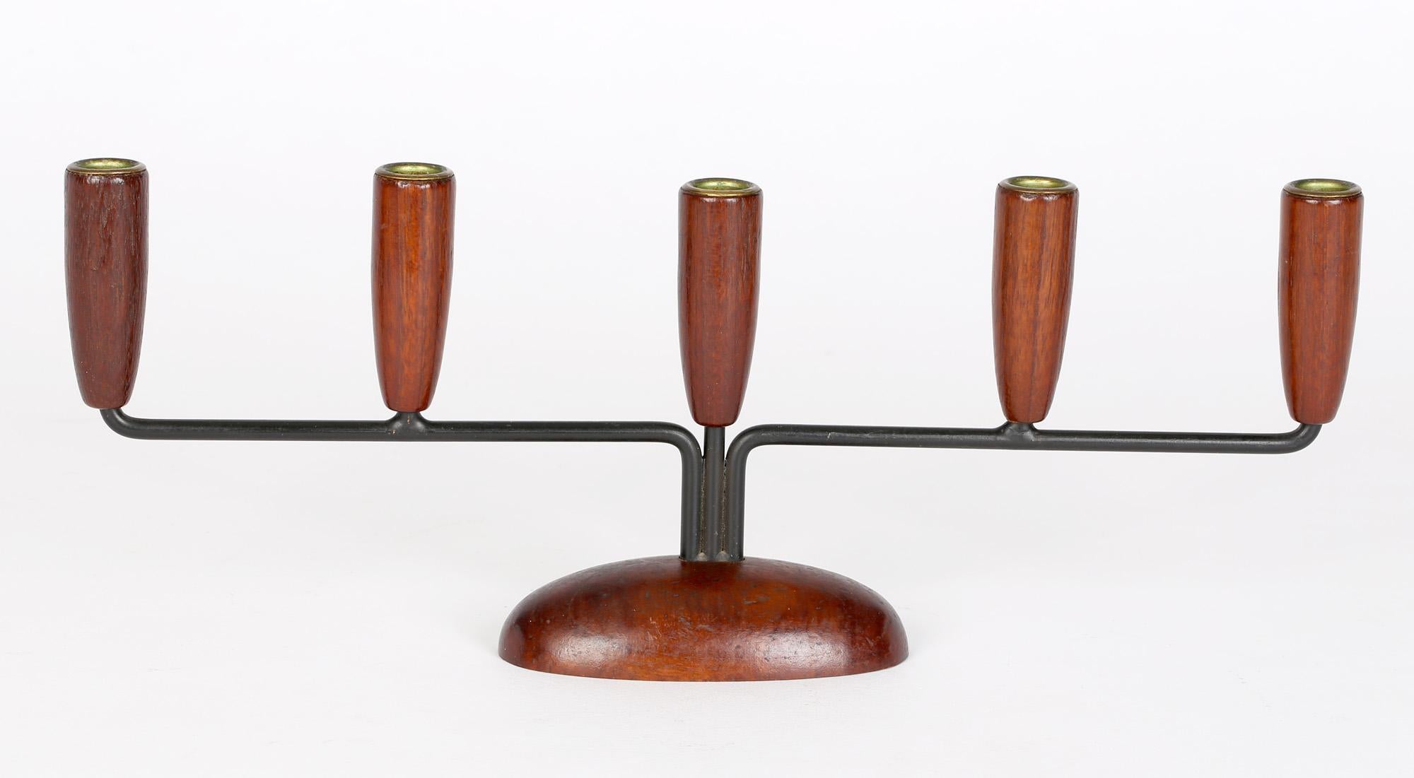 Danish Stylish Mid-Century Five Sconce Metal Wood Candlestick For Sale 1