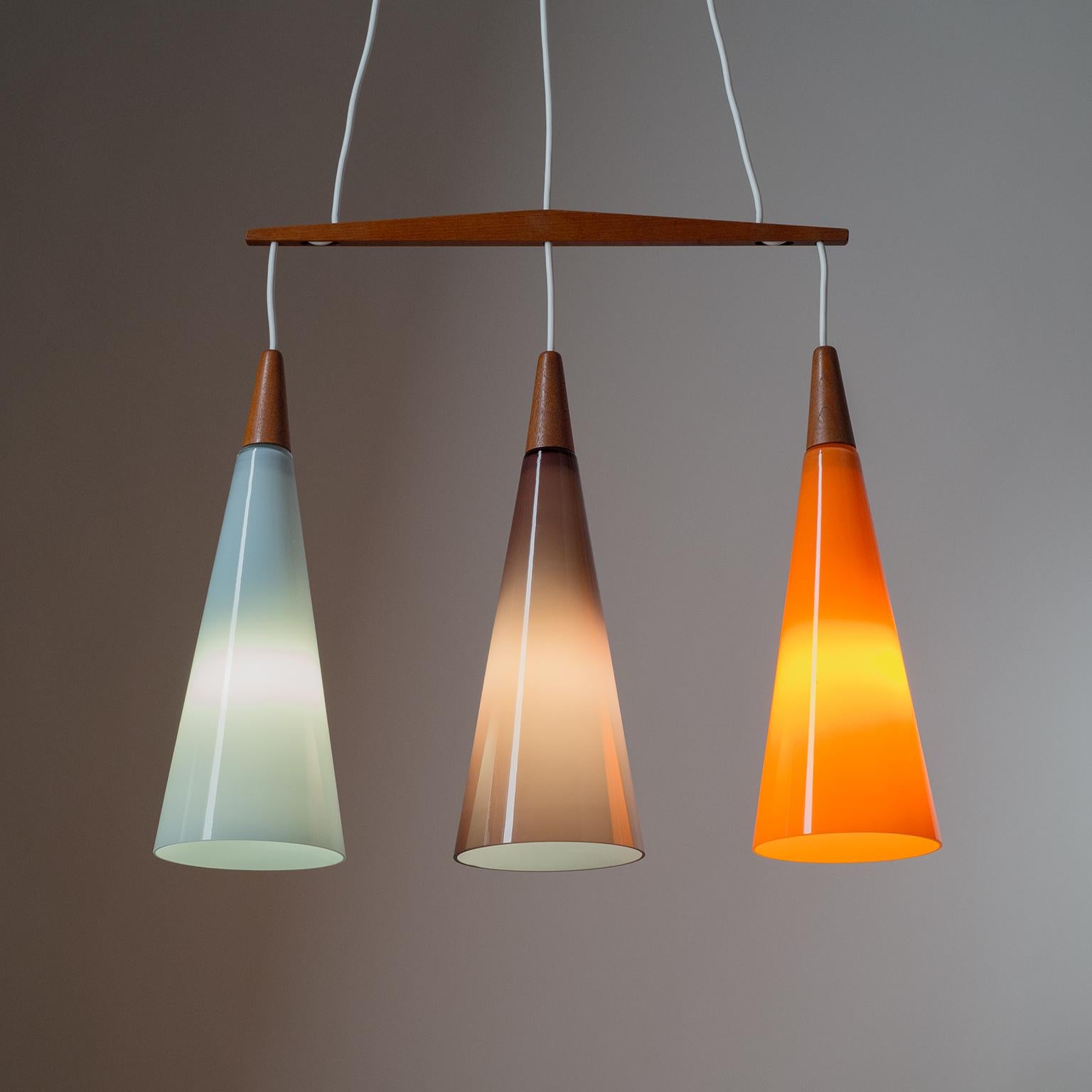 Danish Suspension Chandelier, 1960s, Colored Glass and Teak 5
