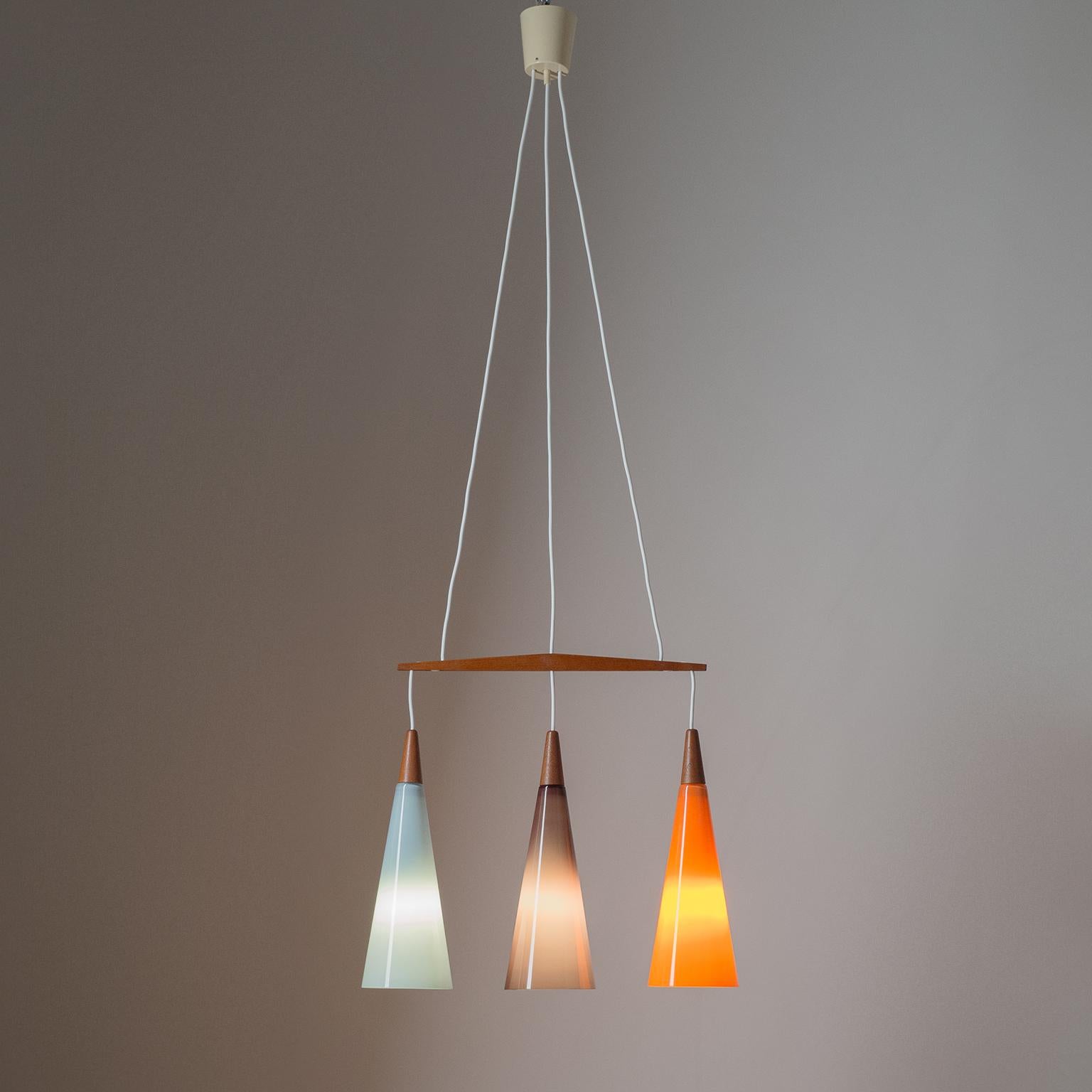 Danish Suspension Chandelier, 1960s, Colored Glass and Teak 6