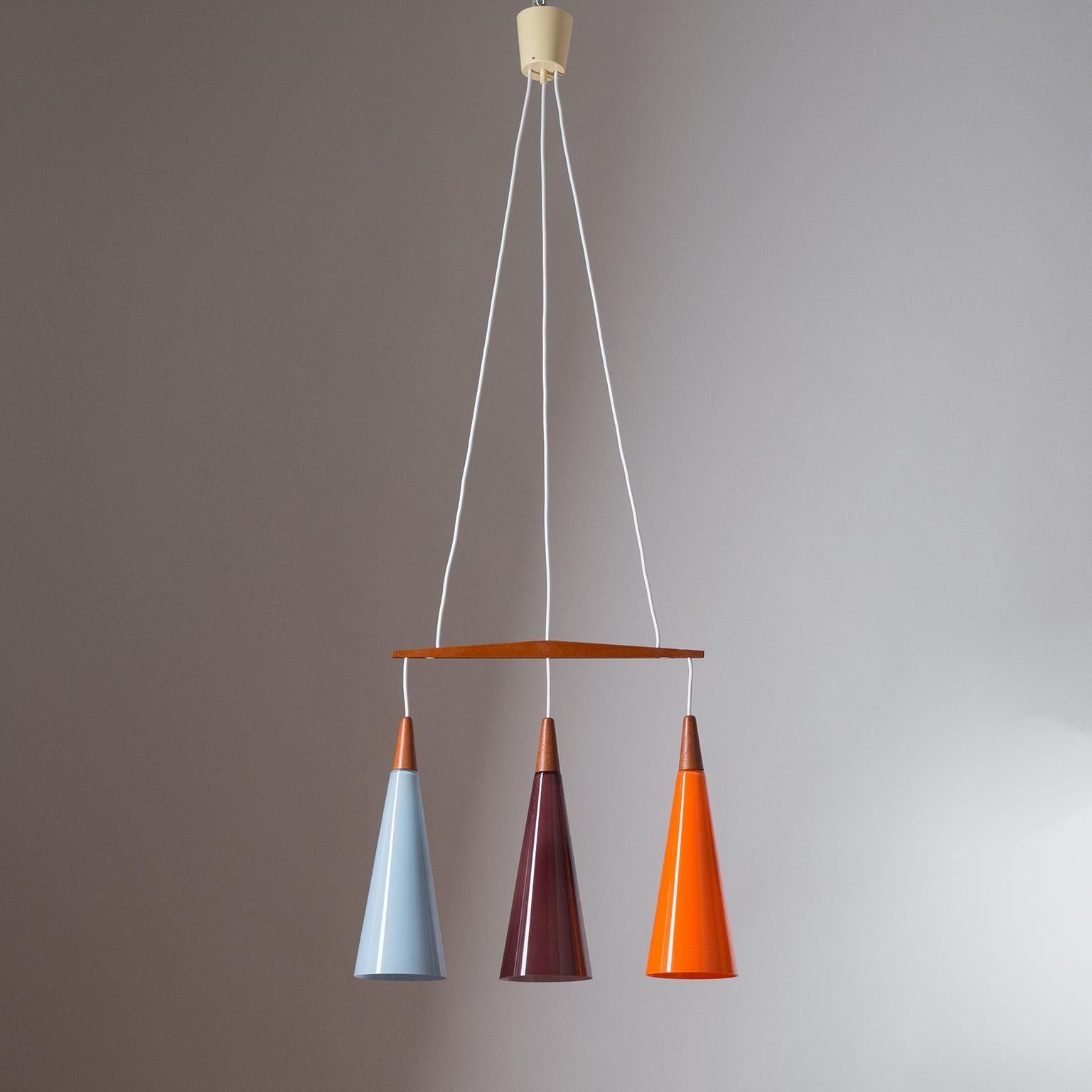 Danish Suspension Chandelier, 1960s, Colored Glass and Teak 7