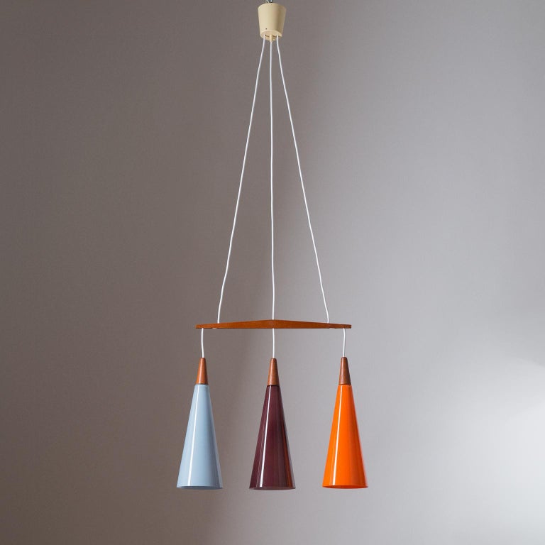Danish Suspension Chandelier, 1960s, Colored Glass and Teak For Sale 7