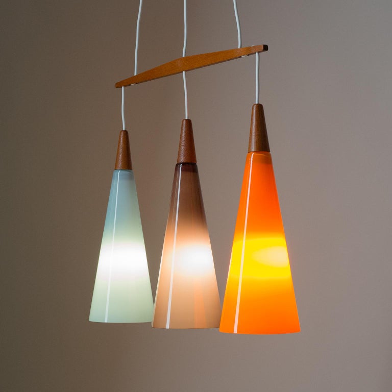 Danish Suspension Chandelier, 1960s, Colored Glass and Teak In Good Condition For Sale In Vienna, AT