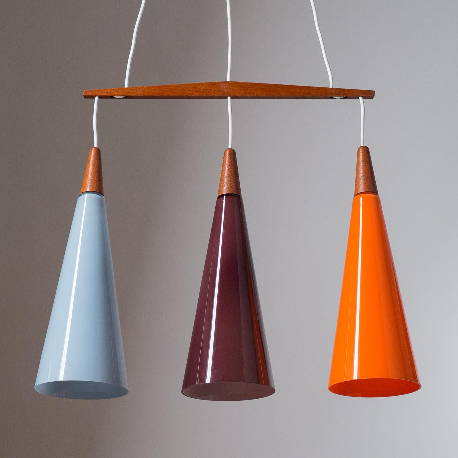 Mid-20th Century Danish Suspension Chandelier, 1960s, Colored Glass and Teak