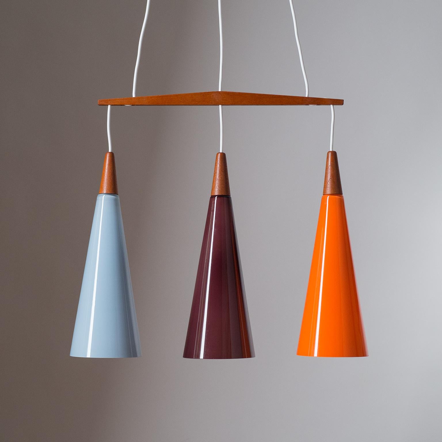 Danish Suspension Chandelier, 1960s, Colored Glass and Teak 1