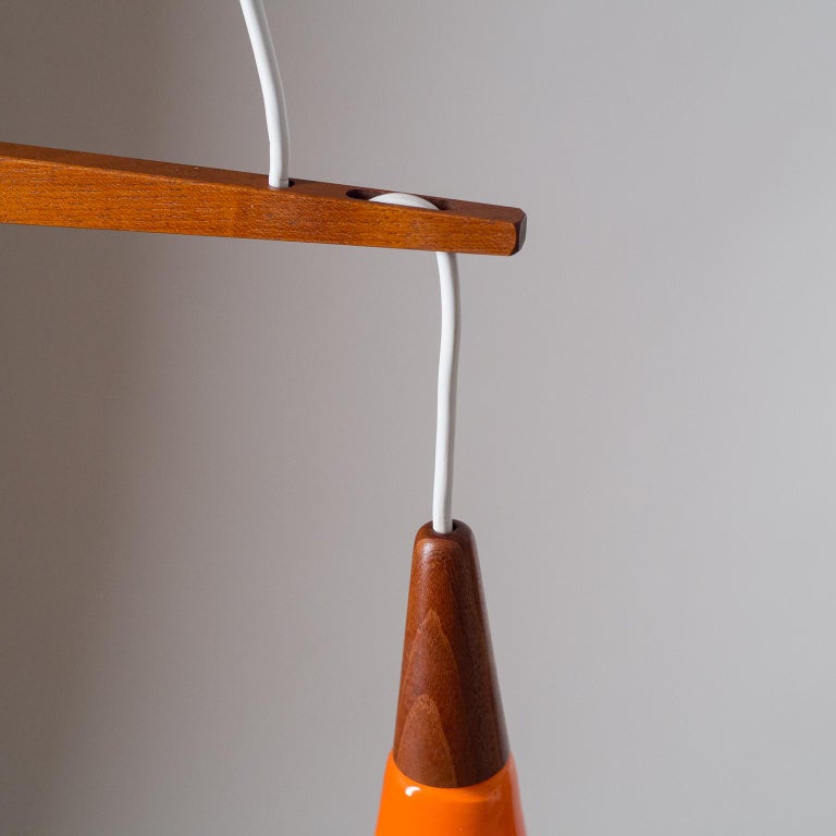 Danish Suspension Chandelier, 1960s, Colored Glass and Teak For Sale 2