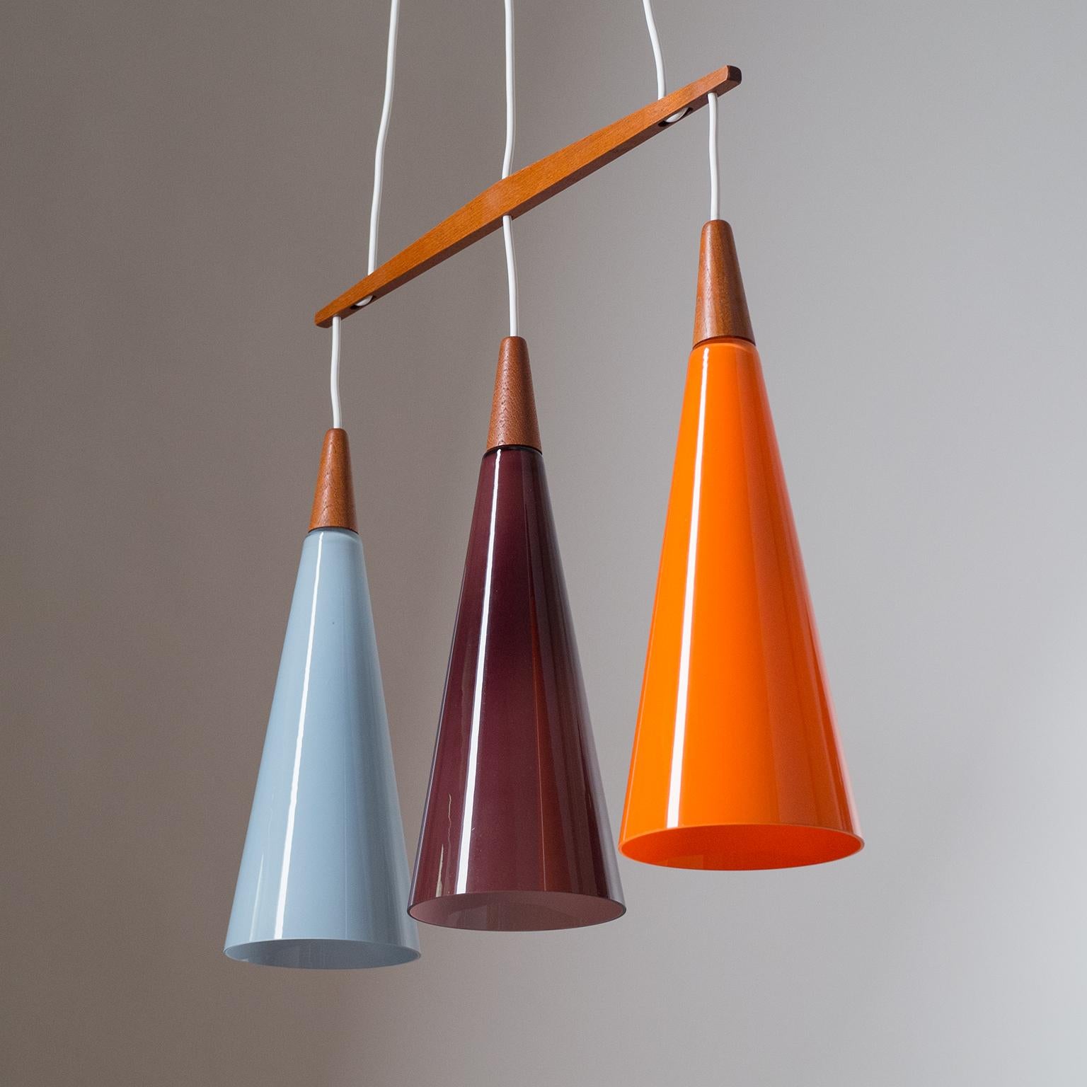 Danish Suspension Chandelier, 1960s, Colored Glass and Teak 3