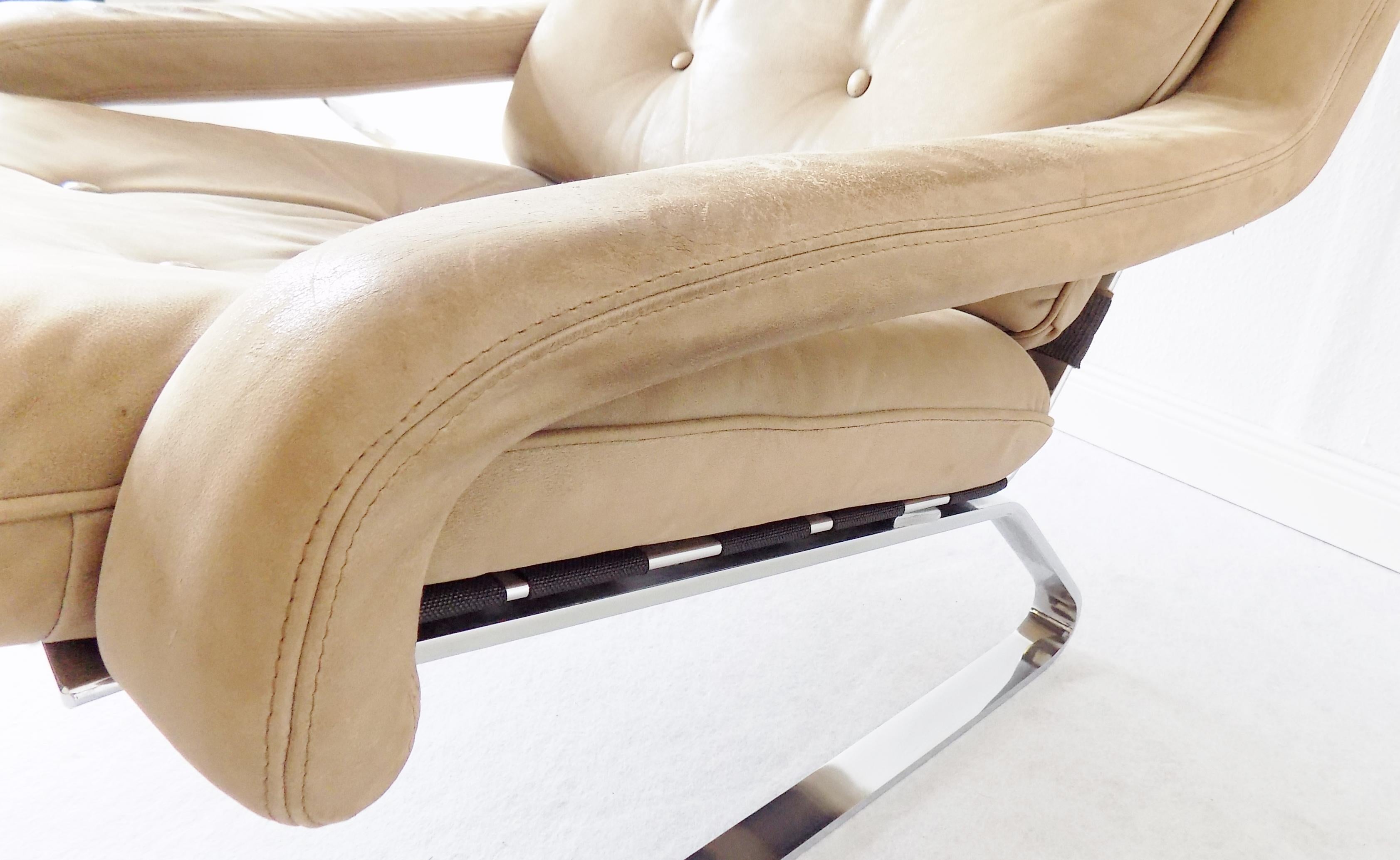 Danish Swing Lounge Chair with ottoman, Nubuk leather, Mid-Century modern, Chrom 5