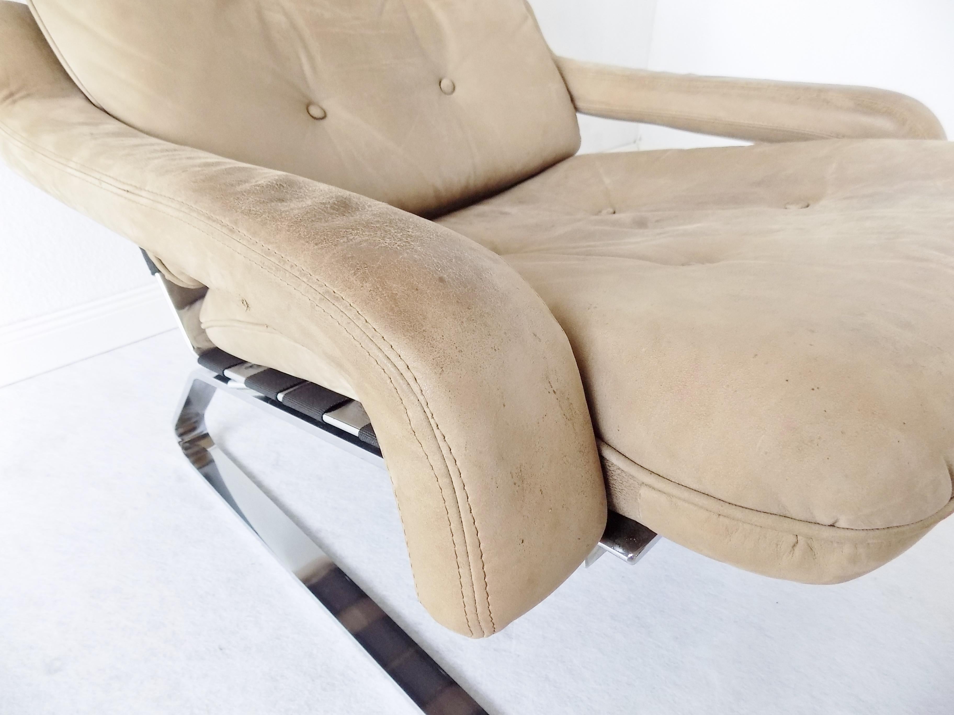 Danish Swing Lounge Chair with ottoman, Nubuk leather, Mid-Century modern, Chrom 7