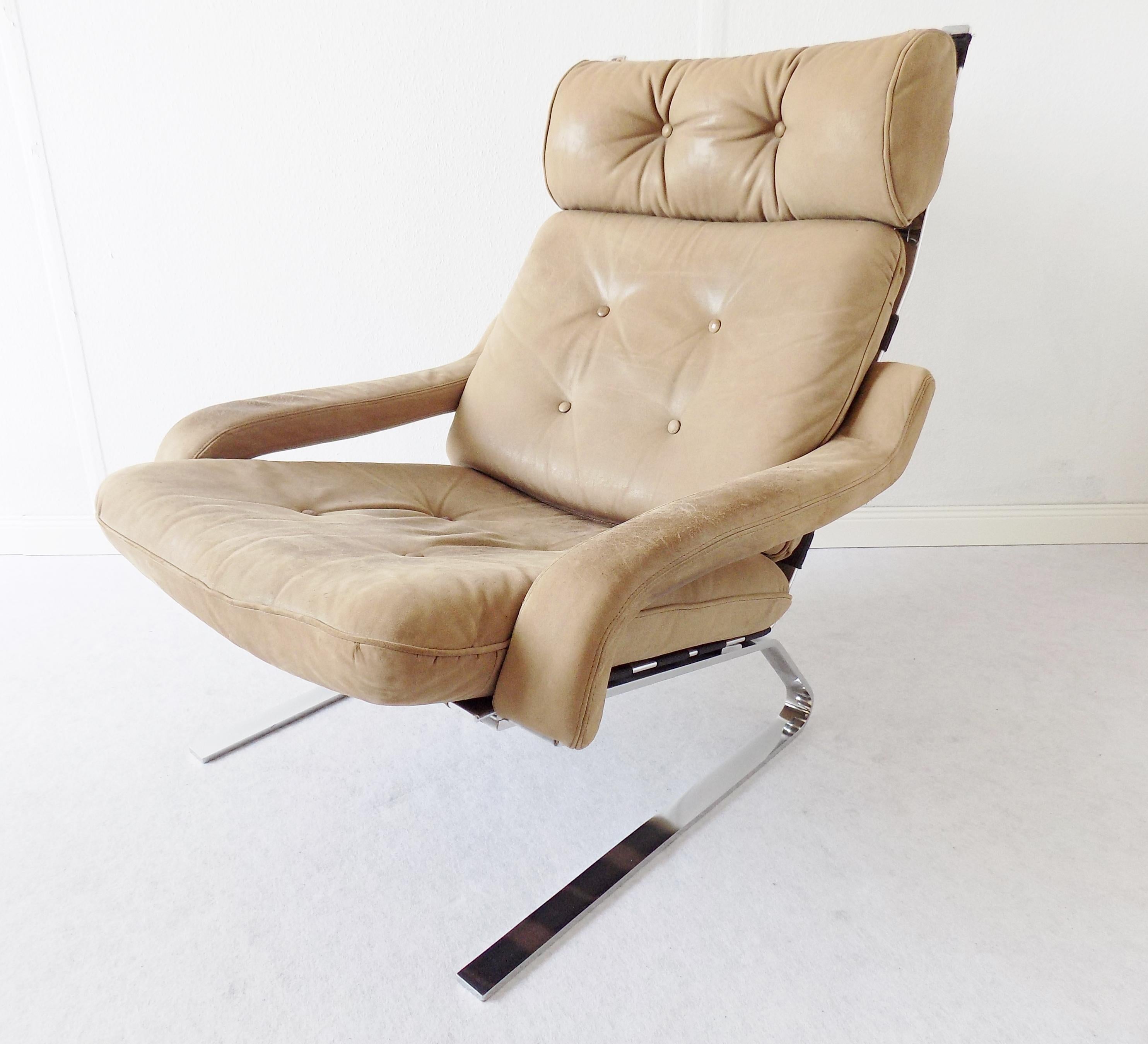 Mid-Century Modern Danish Swing Lounge Chair with ottoman, Nubuk leather, Mid-Century modern, Chrom