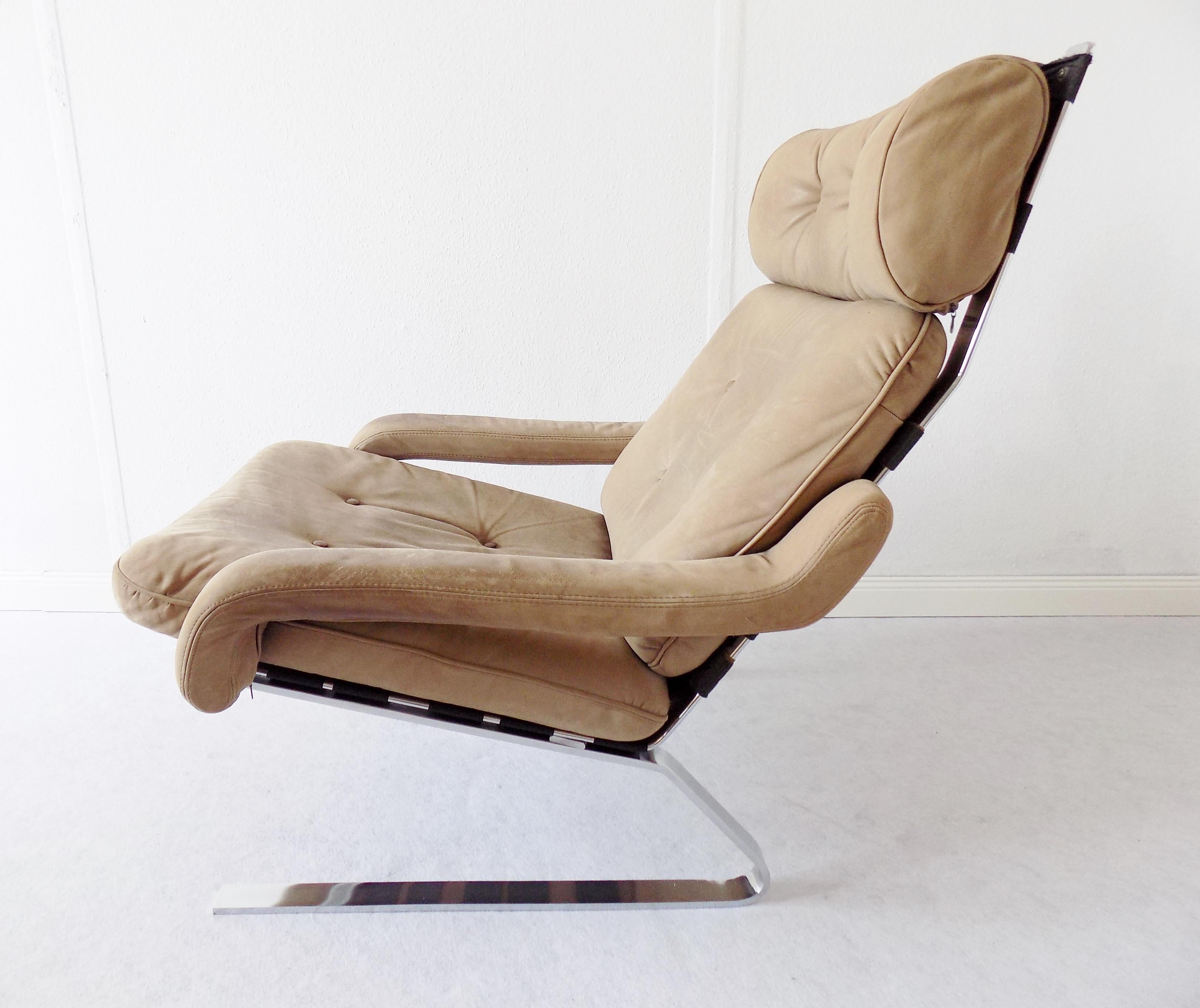 Scandinavian Danish Swing Lounge Chair with ottoman, Nubuk leather, Mid-Century modern, Chrom