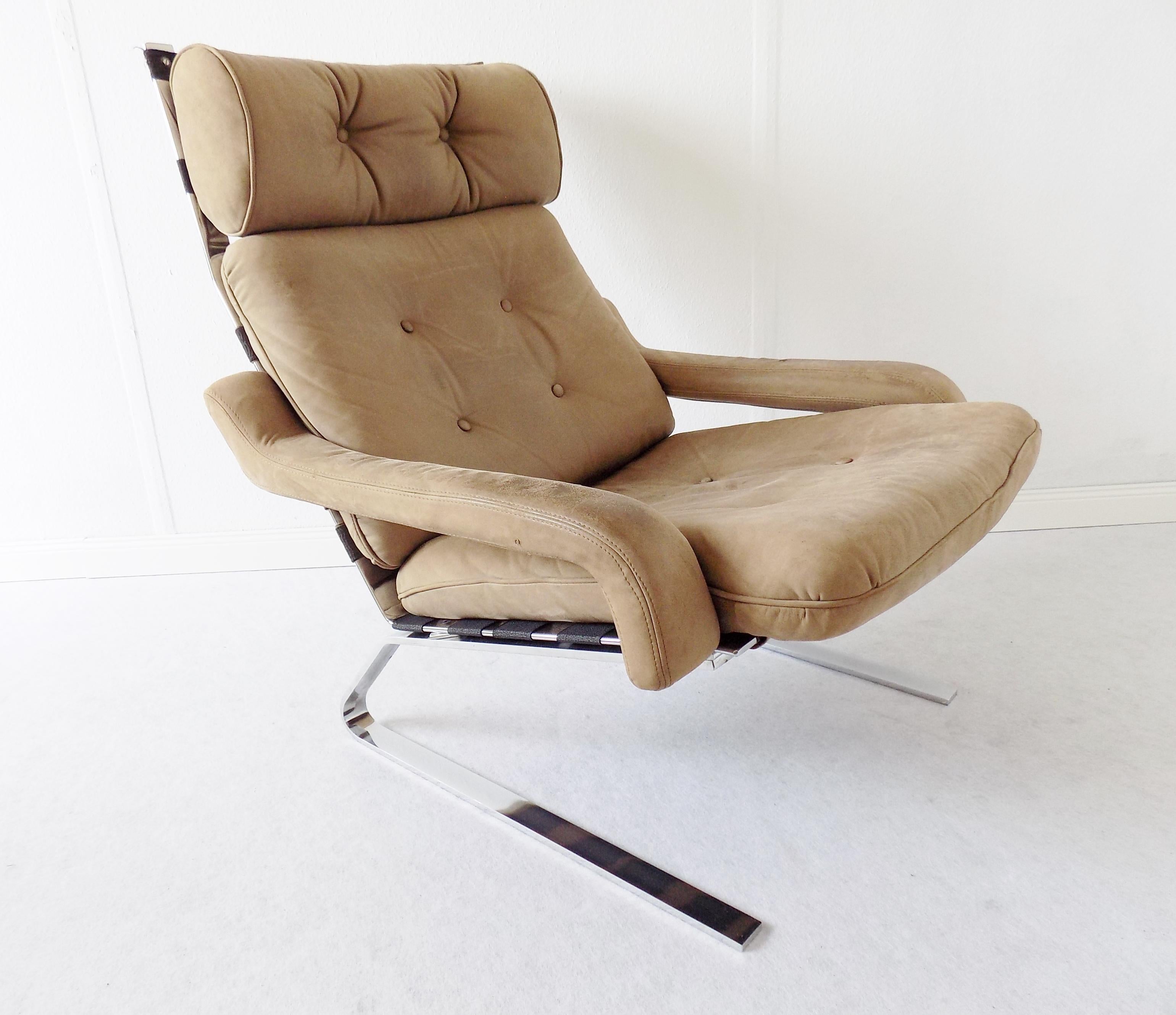Leather Danish Swing Lounge Chair with ottoman, Nubuk leather, Mid-Century modern, Chrom