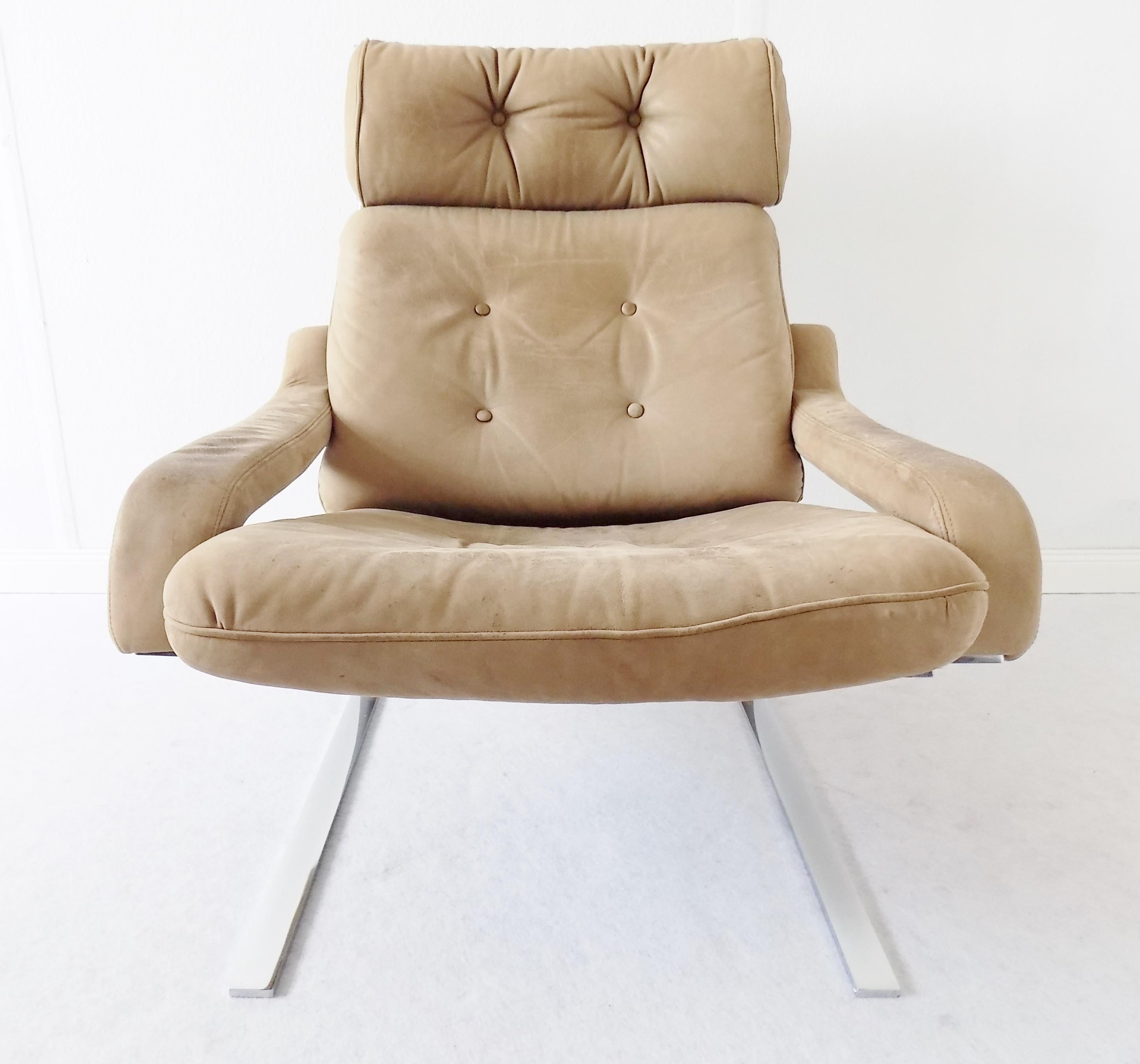 Danish Swing Lounge Chair with ottoman, Nubuk leather, Mid-Century modern, Chrom 1