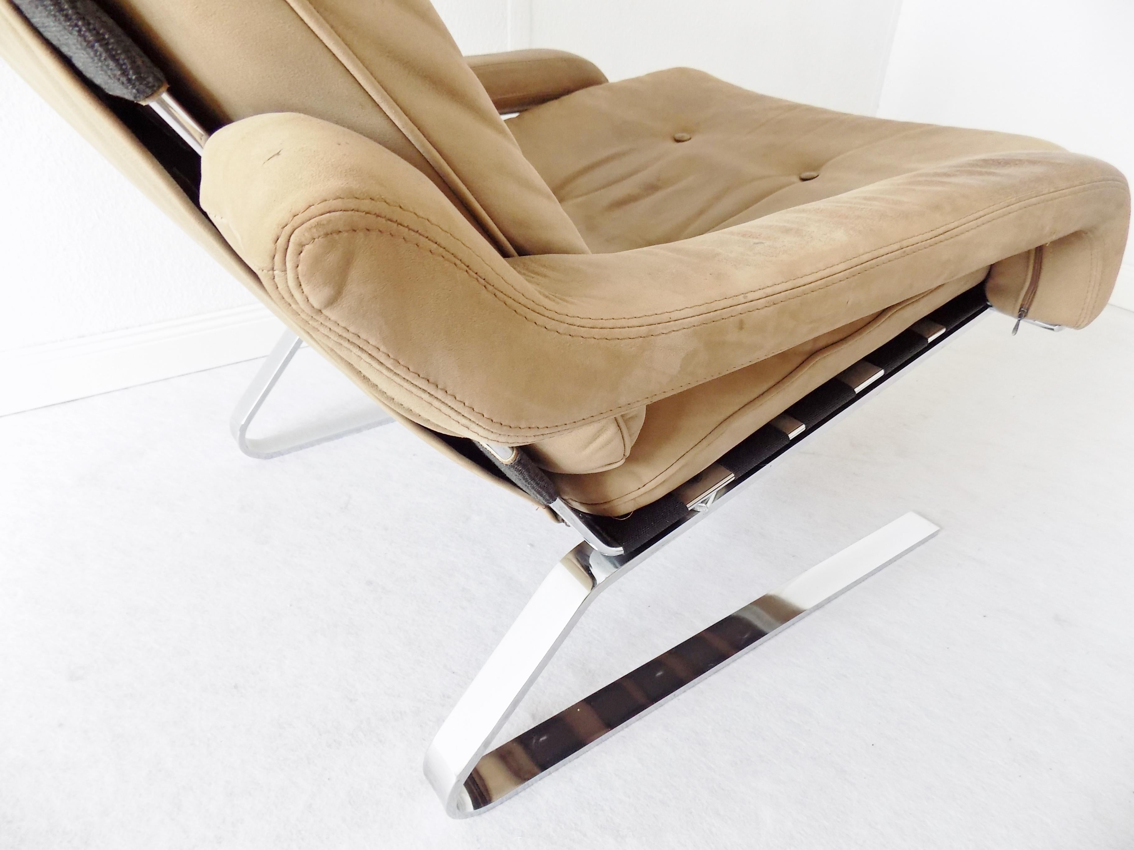 Danish Swing Lounge Chair with ottoman, Nubuk leather, Mid-Century modern, Chrom 2