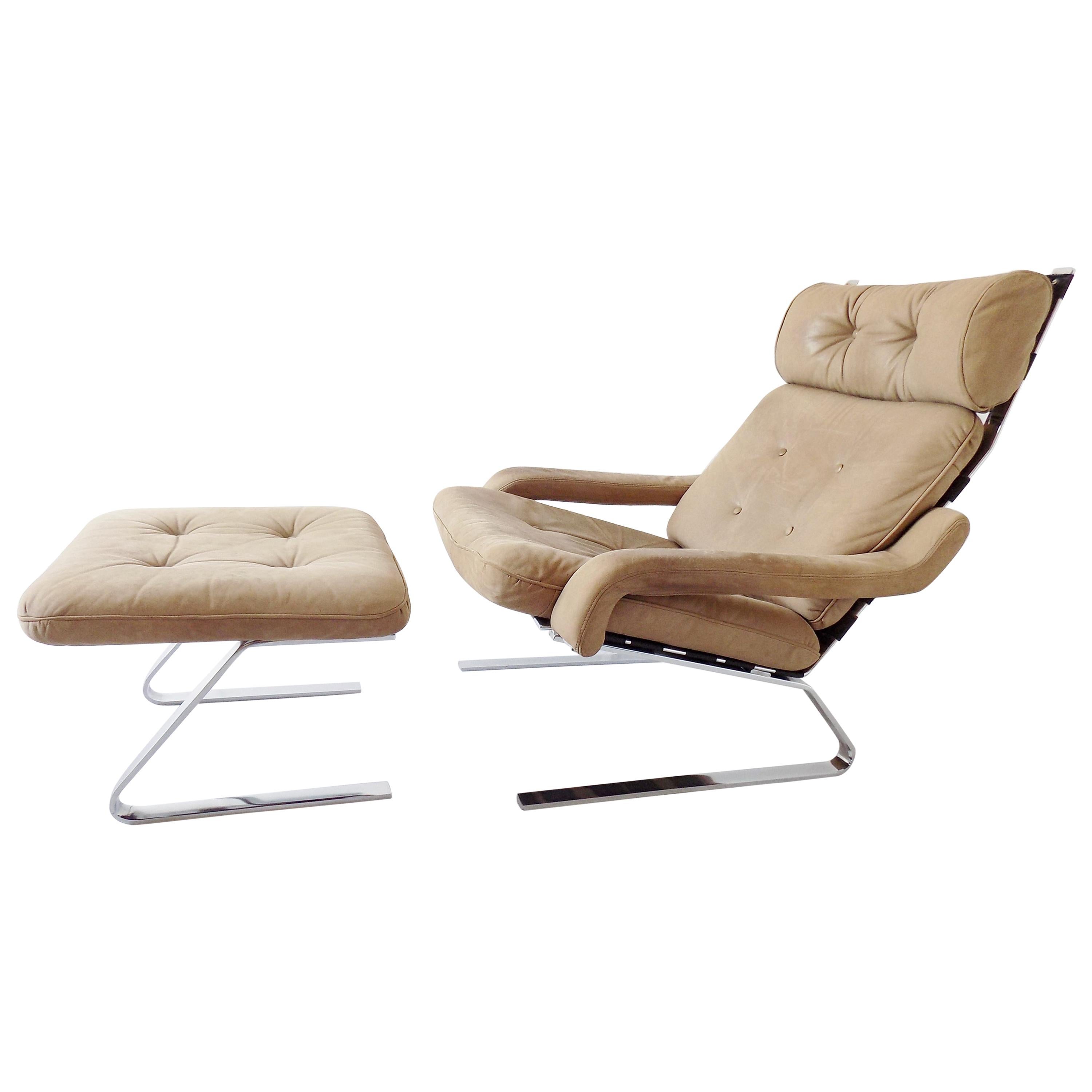 Danish Swing Lounge Chair with ottoman, Nubuk leather, Mid-Century modern, Chrom