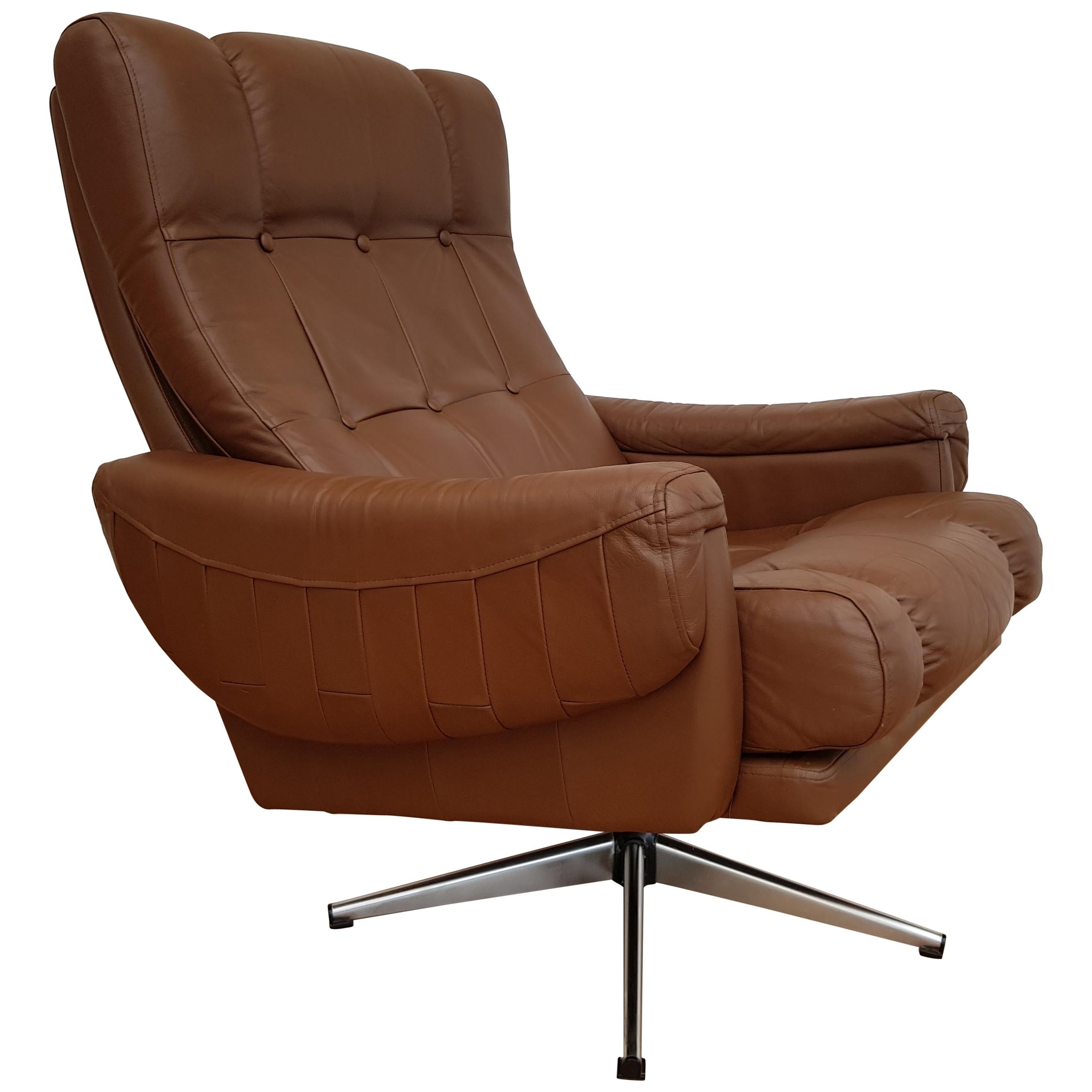 Danish Swivel Armchair, 1970s, Leather, Chrome Base For Sale