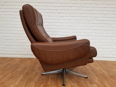 Danish Swivel Armchair, 1970s, Leather, Chrome Base