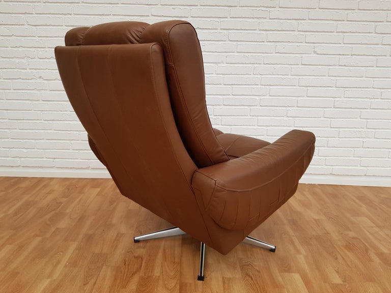 Danish Swivel Armchair, 1970s, Leather, Chrome Base For Sale at 1stDibs