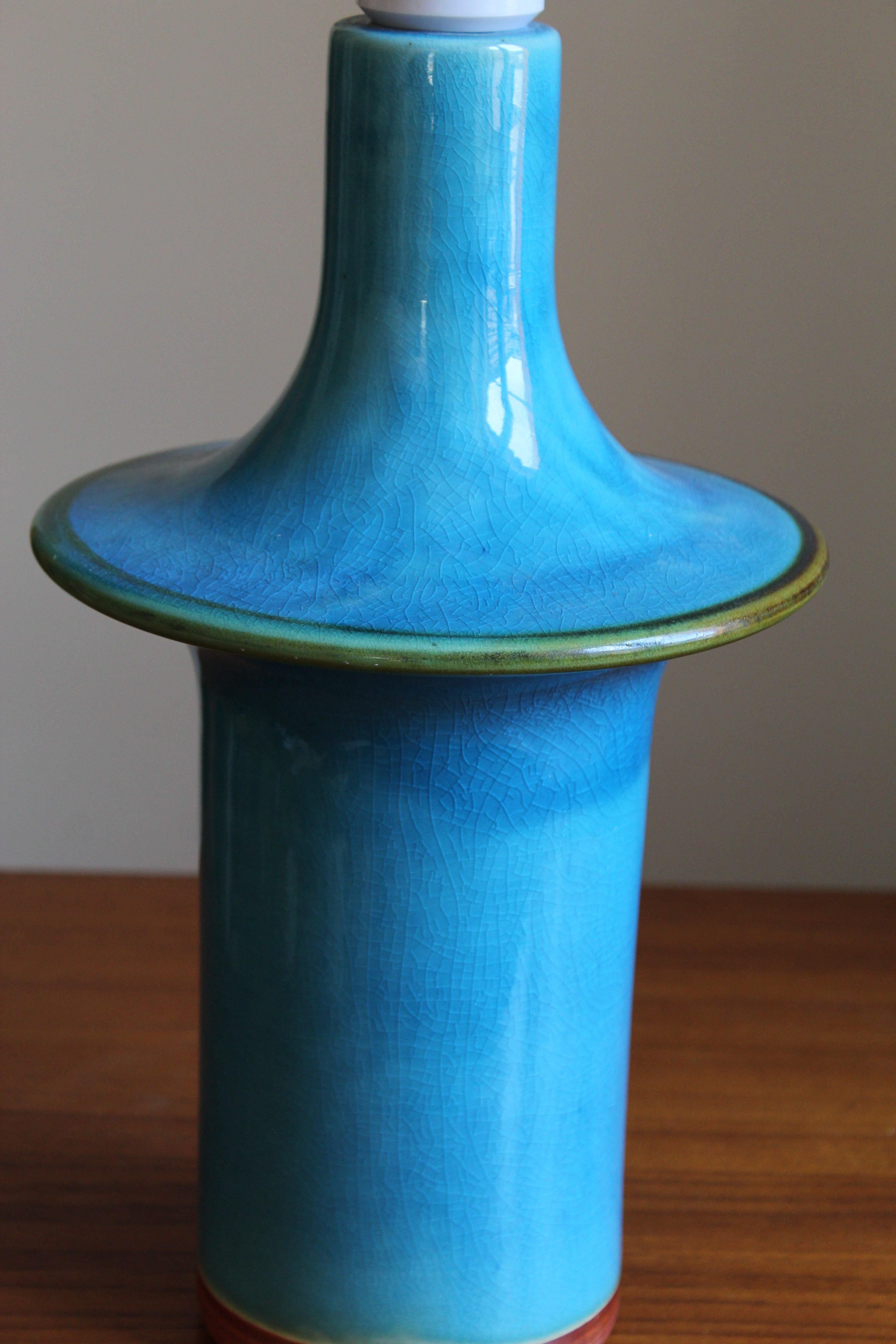 Mid-20th Century Danish, Table Lamp, Blue Glazed Stoneware, Denmark C. 1960s