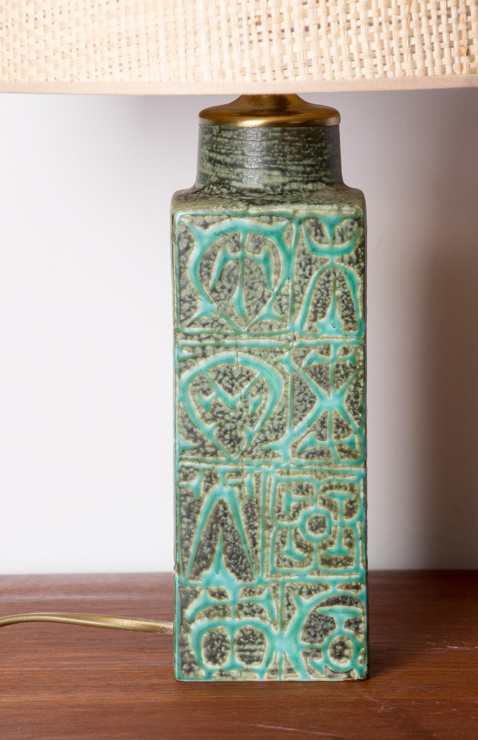 Mid-20th Century Danish table lamp in green enamelled stoneware by Aluminia 1960. For Sale
