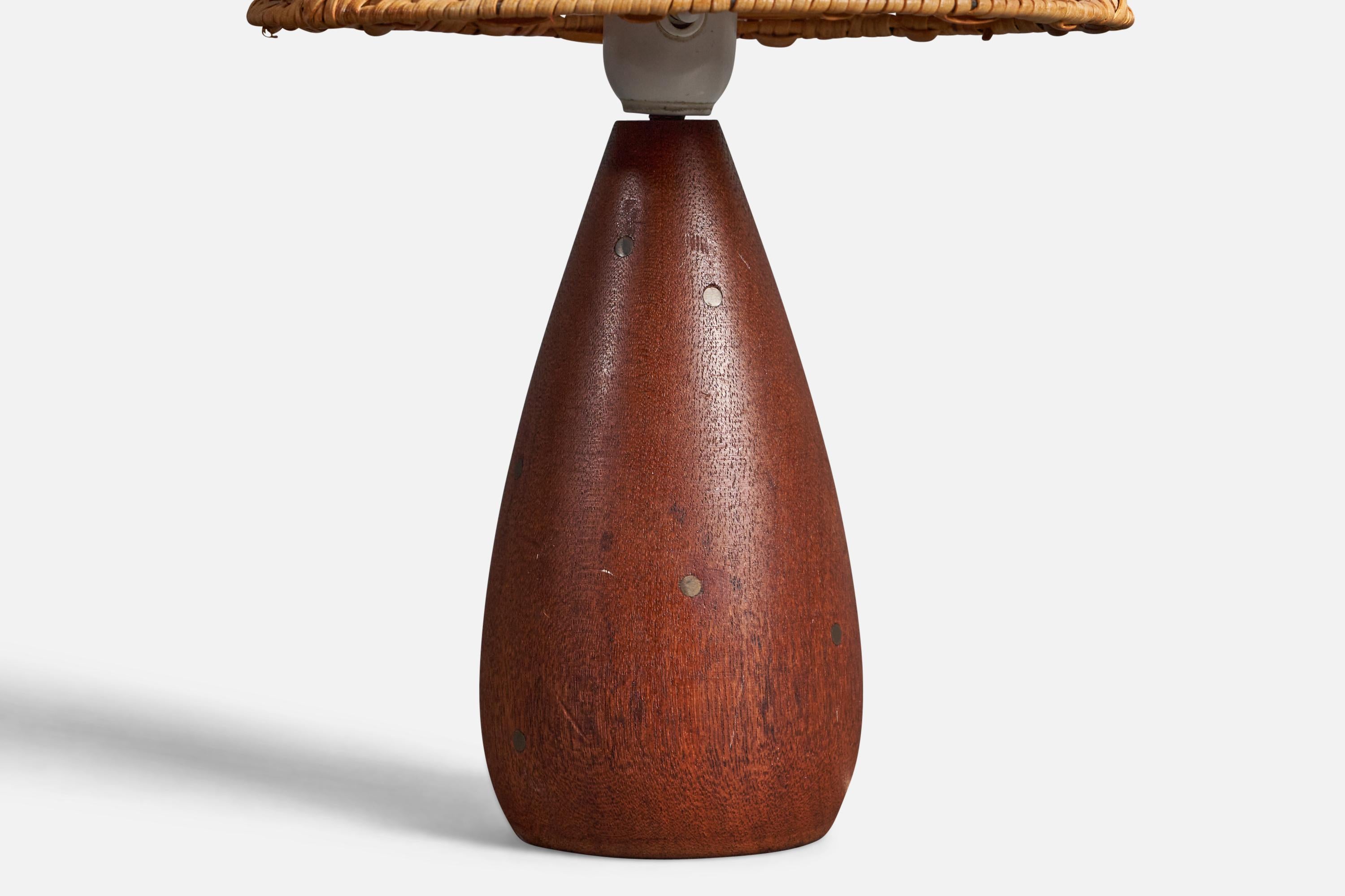 Mid-Century Modern Danish, Table Lamp, Solid Teak, Brass Inlays, Rattan, Denmark, 1950s For Sale