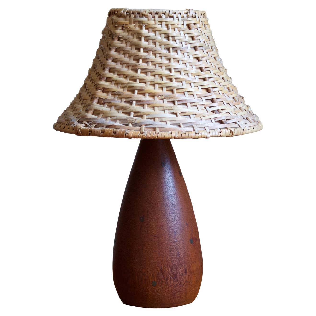 Danish, Table Lamp, Solid Teak, Brass Inlays, Rattan, Denmark, 1950s ...