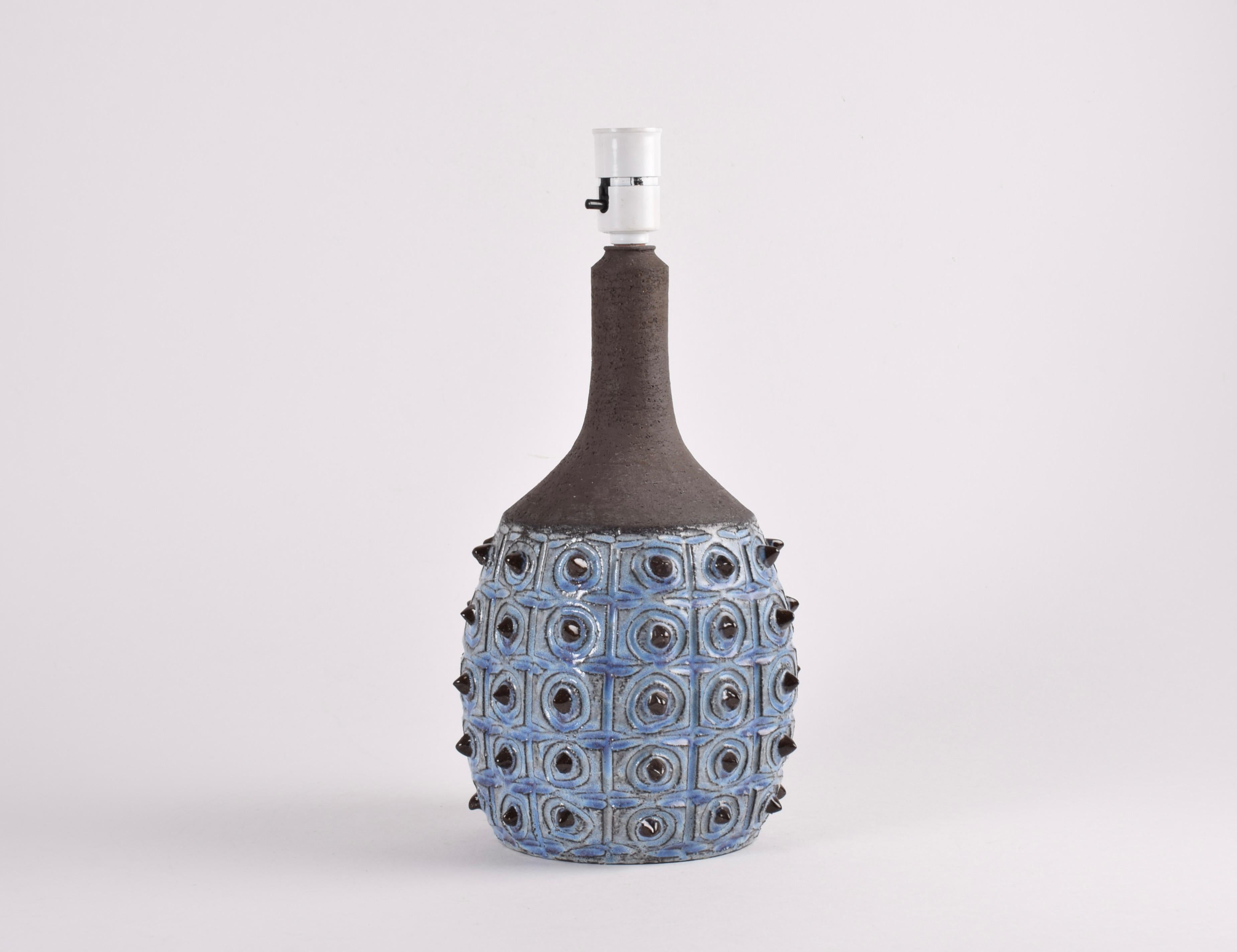 Glazed Danish Tall Sculptural Table Lamp Blue & Brown by Jette Hellerøe, Ceramic 1970s For Sale