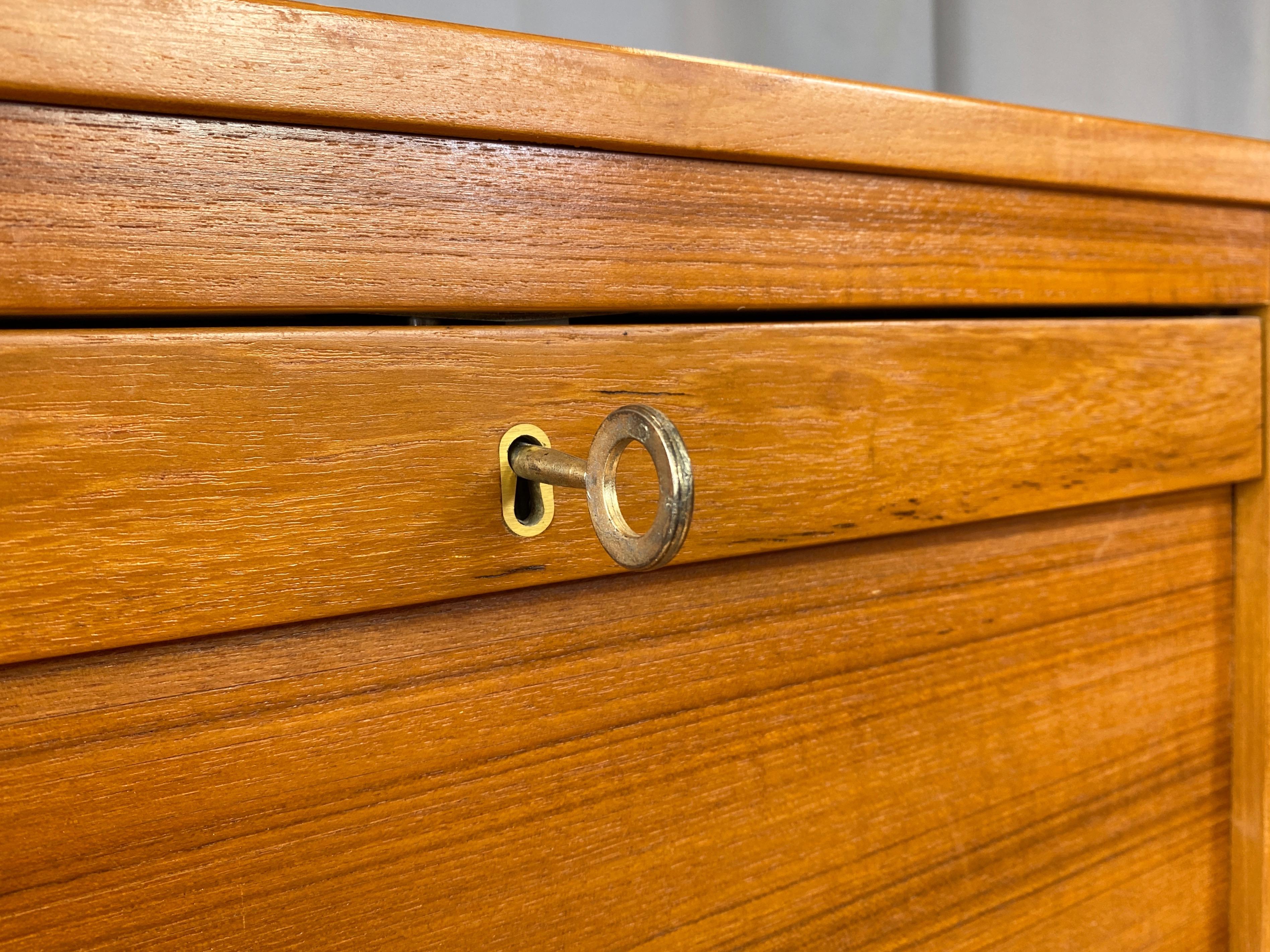 Danish Tambour Front Dual Compartment Teak File Cabinet with Drawers, 1970s 7