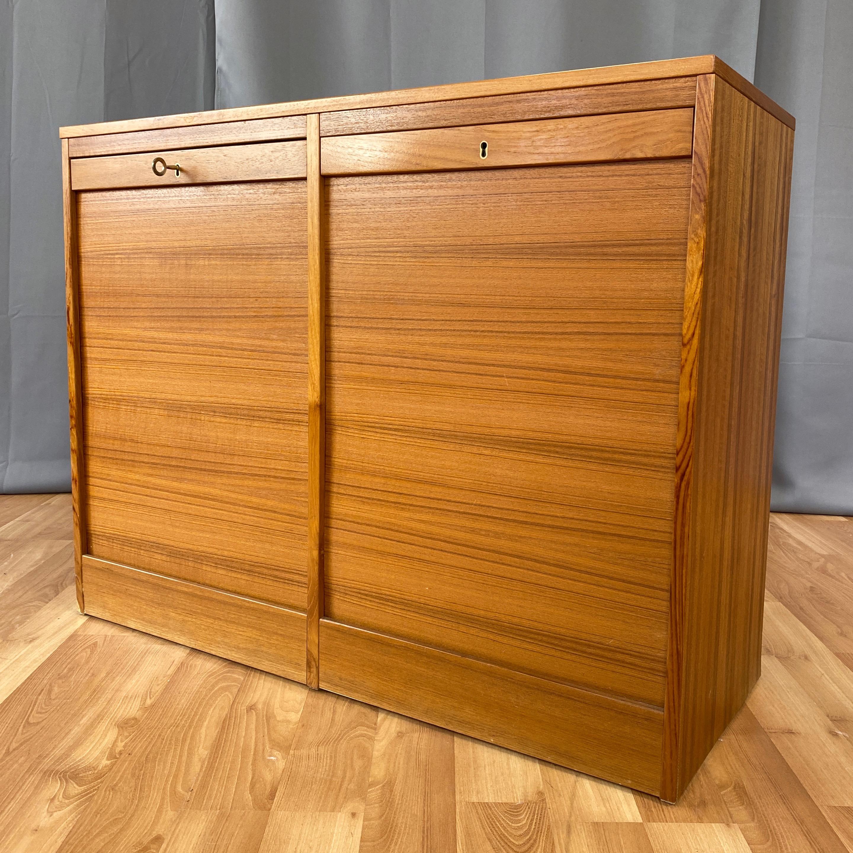 Veneer Danish Tambour Front Dual Compartment Teak File Cabinet with Drawers, 1970s