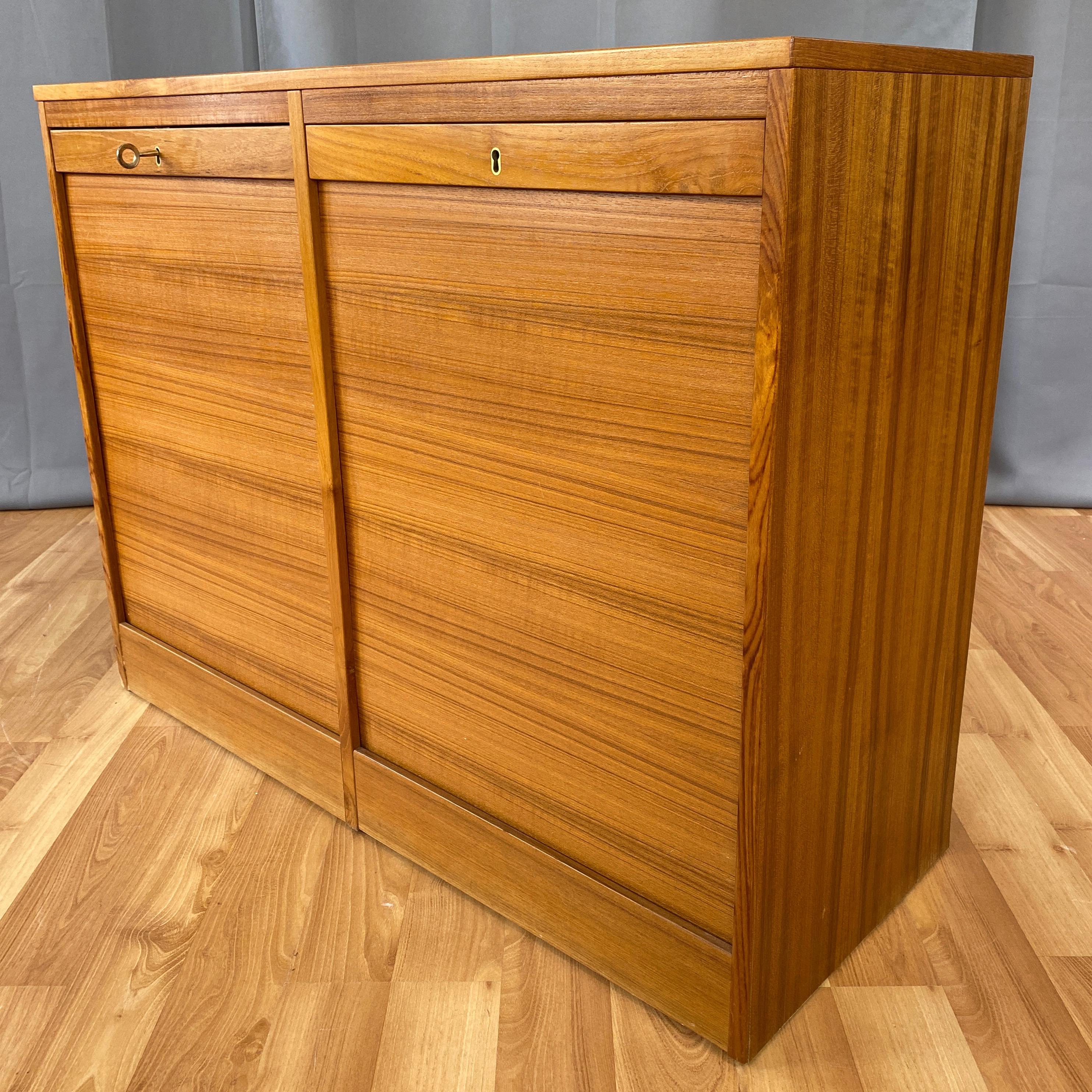 Danish Tambour Front Dual Compartment Teak File Cabinet with Drawers, 1970s In Good Condition In San Francisco, CA