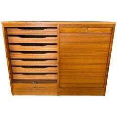 Vintage Danish Tambour Front Dual Compartment Teak File Cabinet with Drawers, 1970s