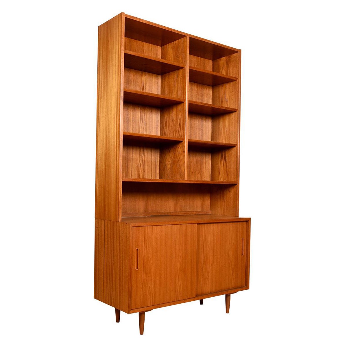 Danish Teak 2-Pc Bookcase Display Top with Sliding Door Storage Cabinet Below
