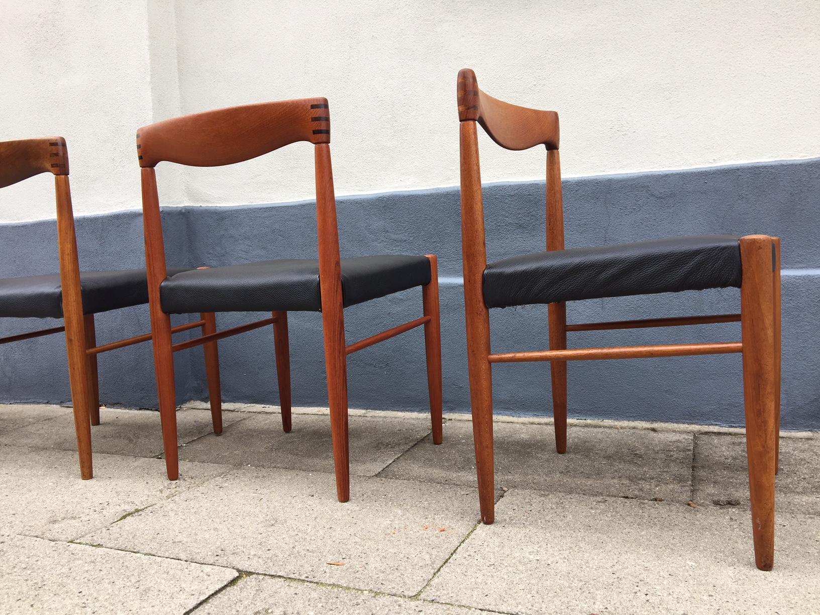 Mid-20th Century Danish Teak and Black Leather Dining Chairs, H. W. Klein, Bramin 1960s, Set of 4 For Sale