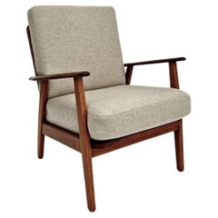 Danish Teak and Oak Cream Wool Lounge Armchair Midcentury Chair, 1960s