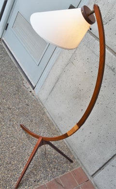 Danish Teak Arc or Bow Tripod Floor Lamp with New Bonnet Shade, Rispal Style