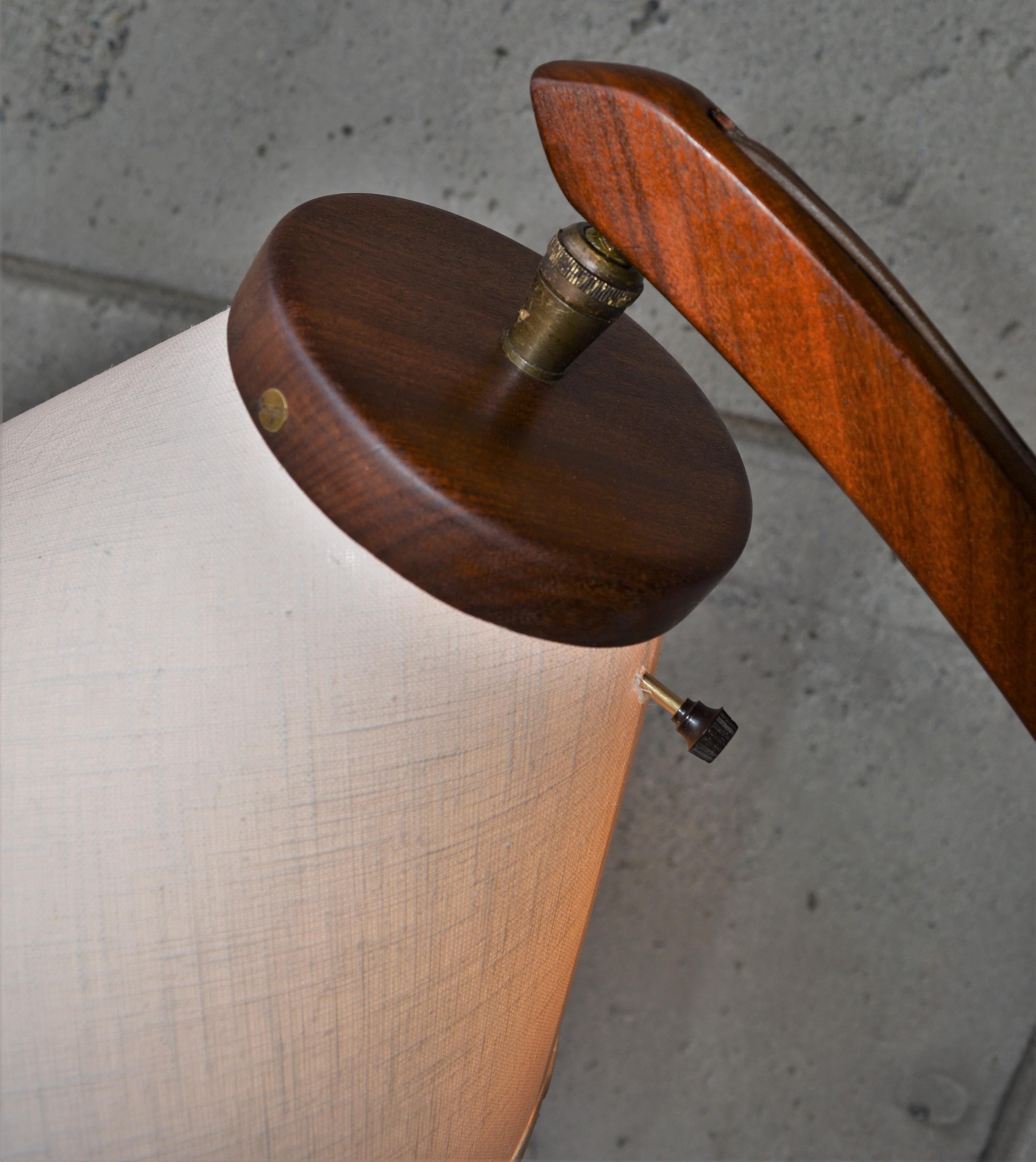 Mid-Century Modern Danish Teak Arc or Bow Tripod Floor Lamp with New Bonnet Shade, Rispal Style